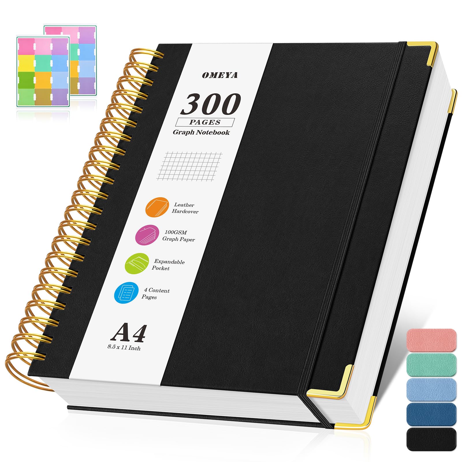 A4 Graph Paper Notebook, Spiral Grid Squared Notepad, Hardcover Leather Journal 300 Pages, 100GSM Thick Grid Paper Notebook