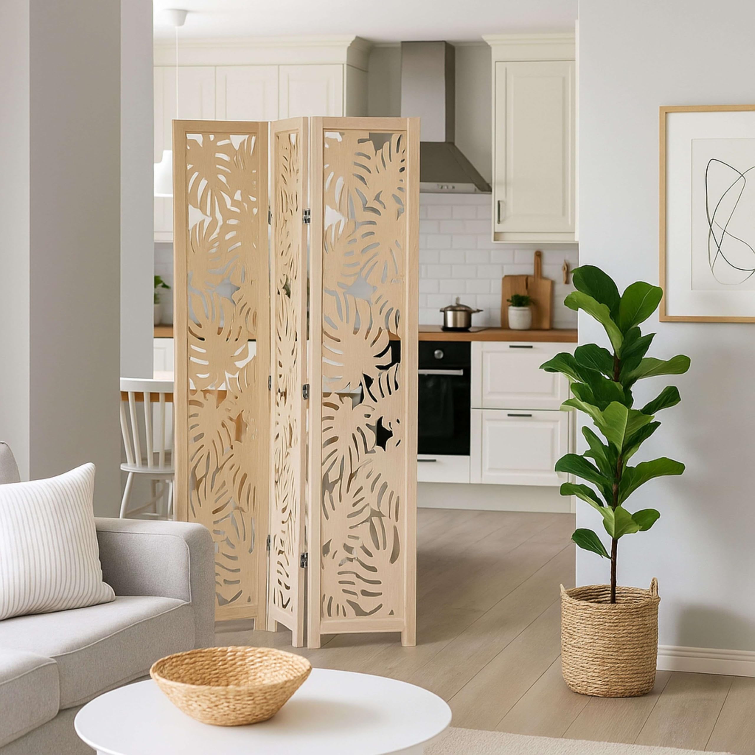 Biombo Separador De Ambientes Salón Dormitorio 3 Paneles Madera Paulownia Palm Color Roble