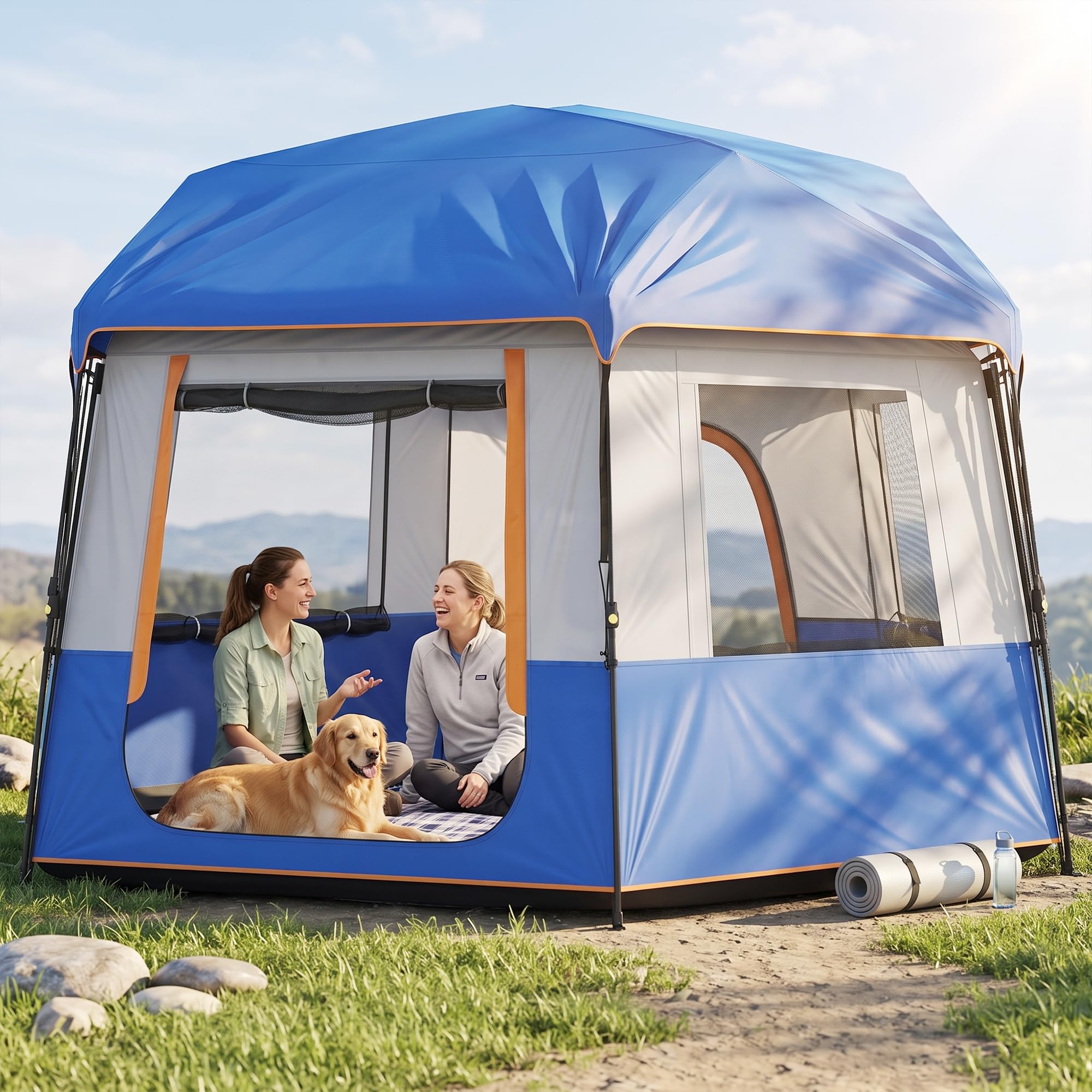Outsunny Tente de camping pour 4 à 6 personnes, tente tunnel étanche 3000 mm avec couvercle supérieur amovible, protection UV30+ abri familial avec sac de transport