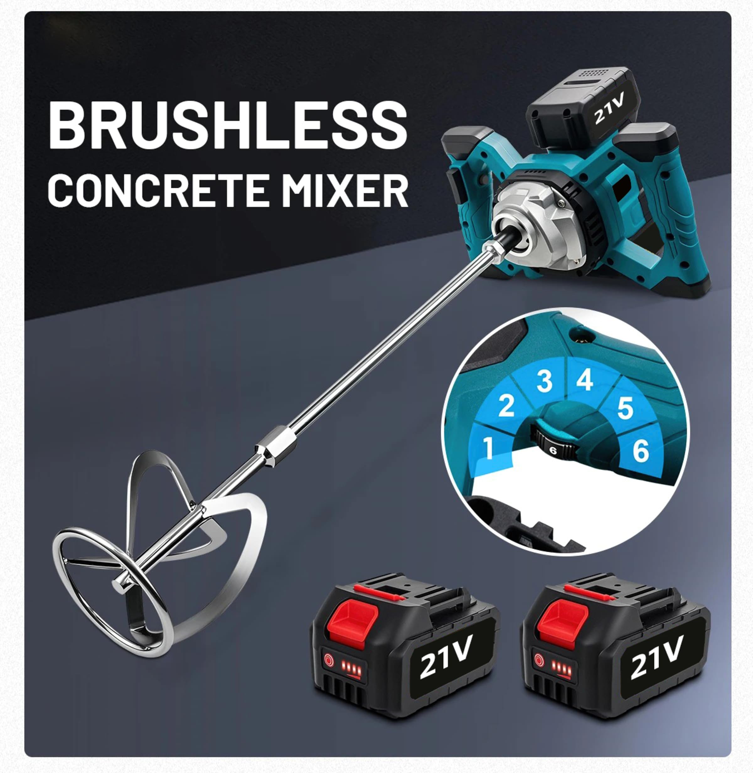 Miscelatore per malta con batteria 2 x 4,0 Ah, 1700 W, miscelatore per vernice e malta regolabile a 6 velocità, con manico impastatrice rivestito miscelatore, per miscelazione cementizia, calcestruzzo