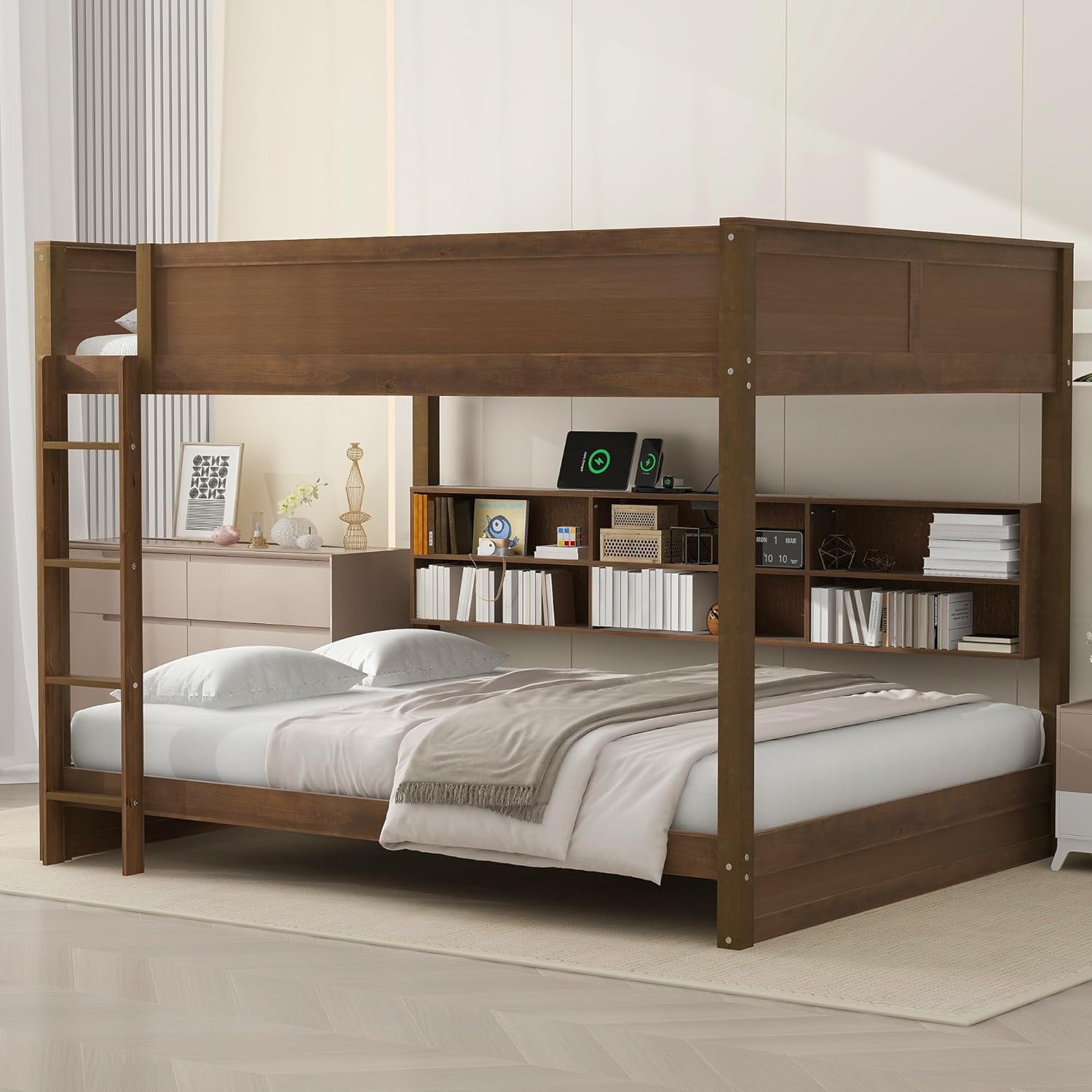 Modern Queen Over Queen Bunk Bed, Multifunctional Wood Bunk Bed with Storage Cabinets and USB Ports for Kids Teens Adults Bedroom (Wood-2)