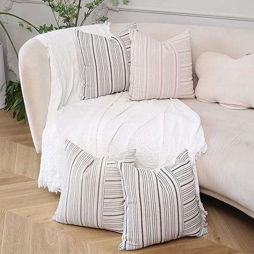 Miniatura 6 de Yidmtus Juego de 2 fundas de almohada cuadradas de 18 x 18 pulgadas, diseño de retazos de rayas marrones, fundas de cojín cuadradas para sofá, silla