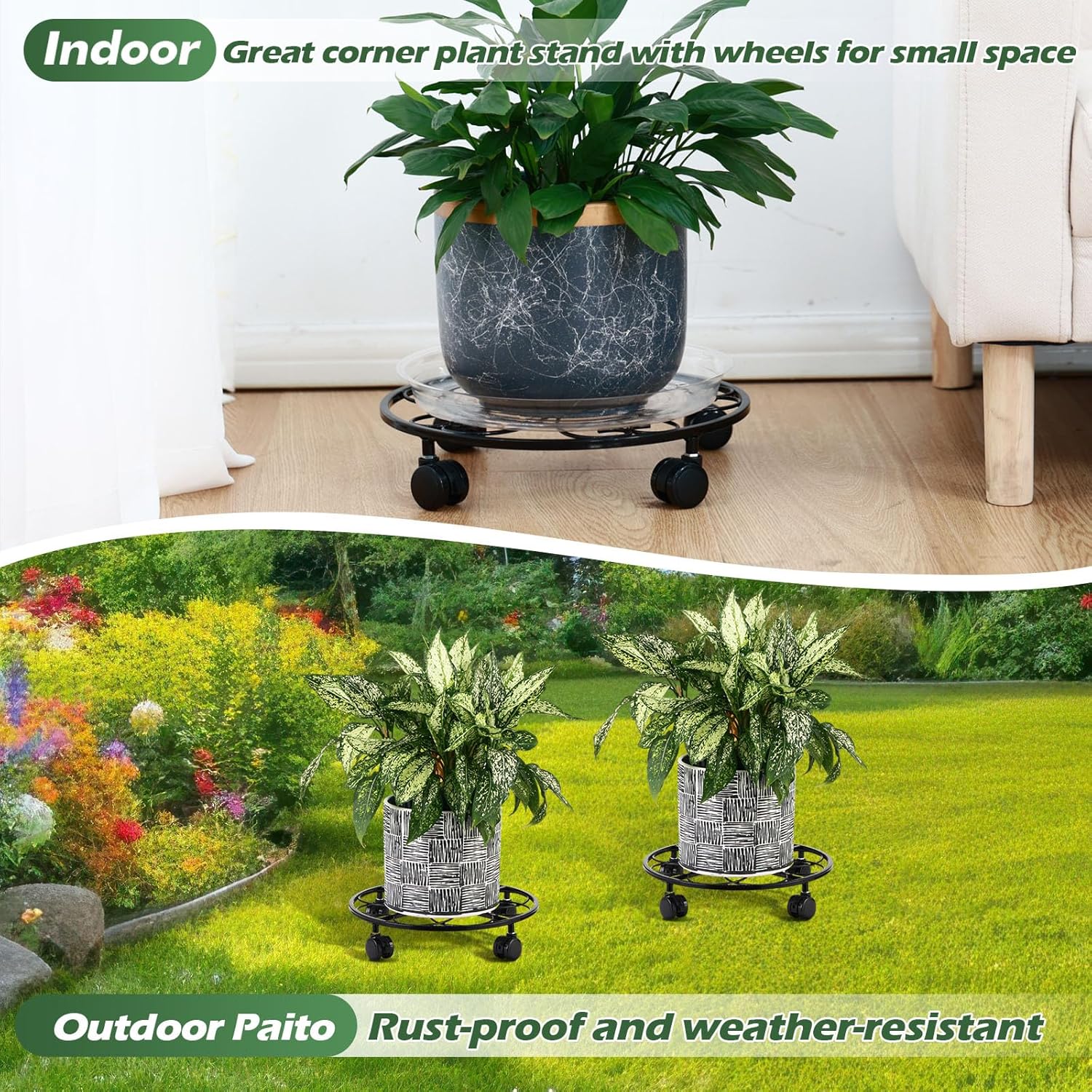 3 Packs 12 inches Large Metal Plant Caddy with Wheels Round Planter Dolly Pot Mover Rollers Wrought Iron Rolling Plant Stands Indoor Outdoor Wheeled Plant Holder Coaster Trolley, Black