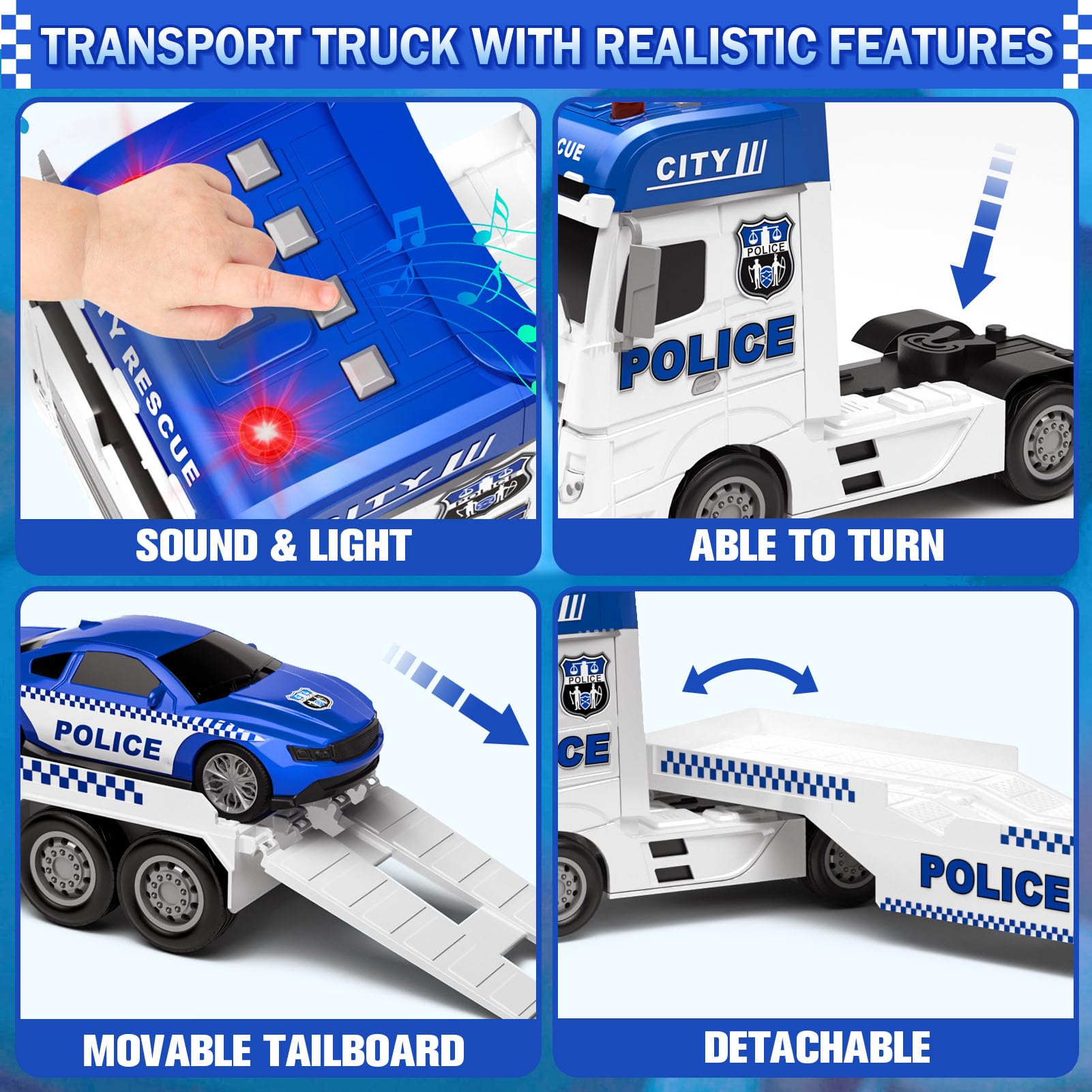 Tacobear 3 en 1 Camion Police Hélicoptère Voiture - Transporteur Jouet 2-6 ans