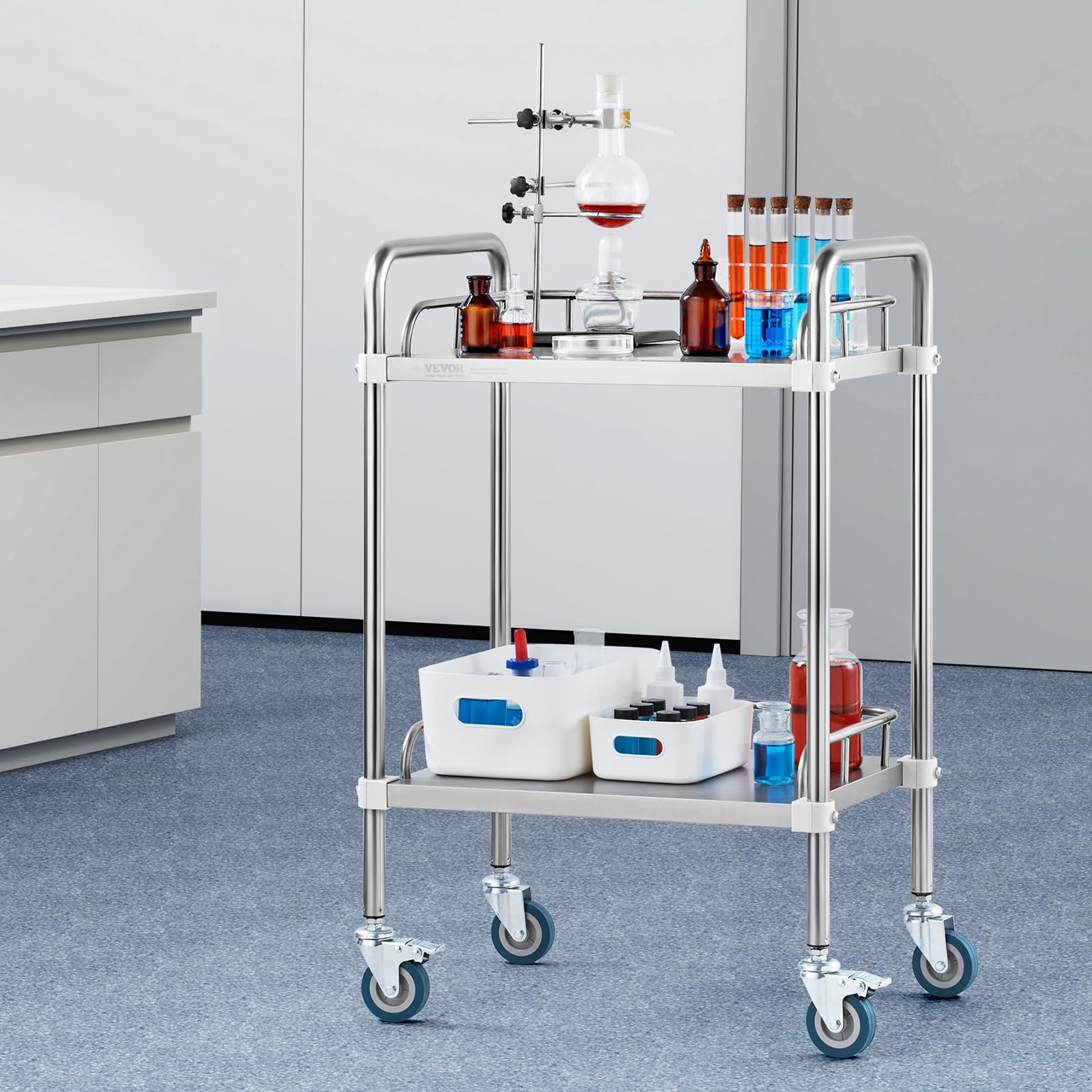 VEVOR Carro de laboratorio acero inoxidable 2 capas capacidad 100 kg ruedas giratorias médico