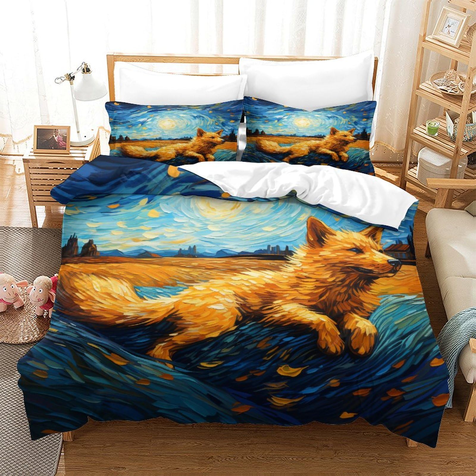 P1S9U7W5Y 3D Printed Starry Fox Duvet Cover Set 3pcs Microfiber Animal Bedding Set Double