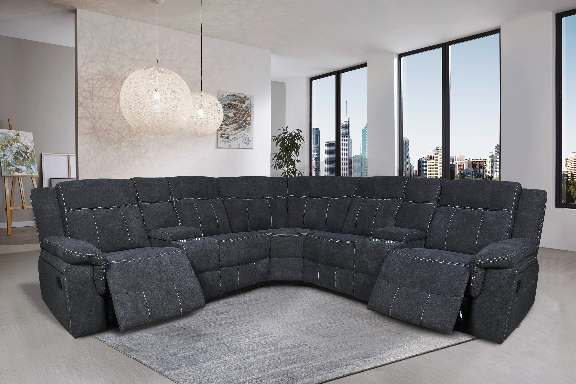 Manual Reclining Sectional Sofa with Streamlined Recline Seating, 2 Consoles with Cup Holders, 2 Recliners, Storage Included Sofa Couch for Living Room
