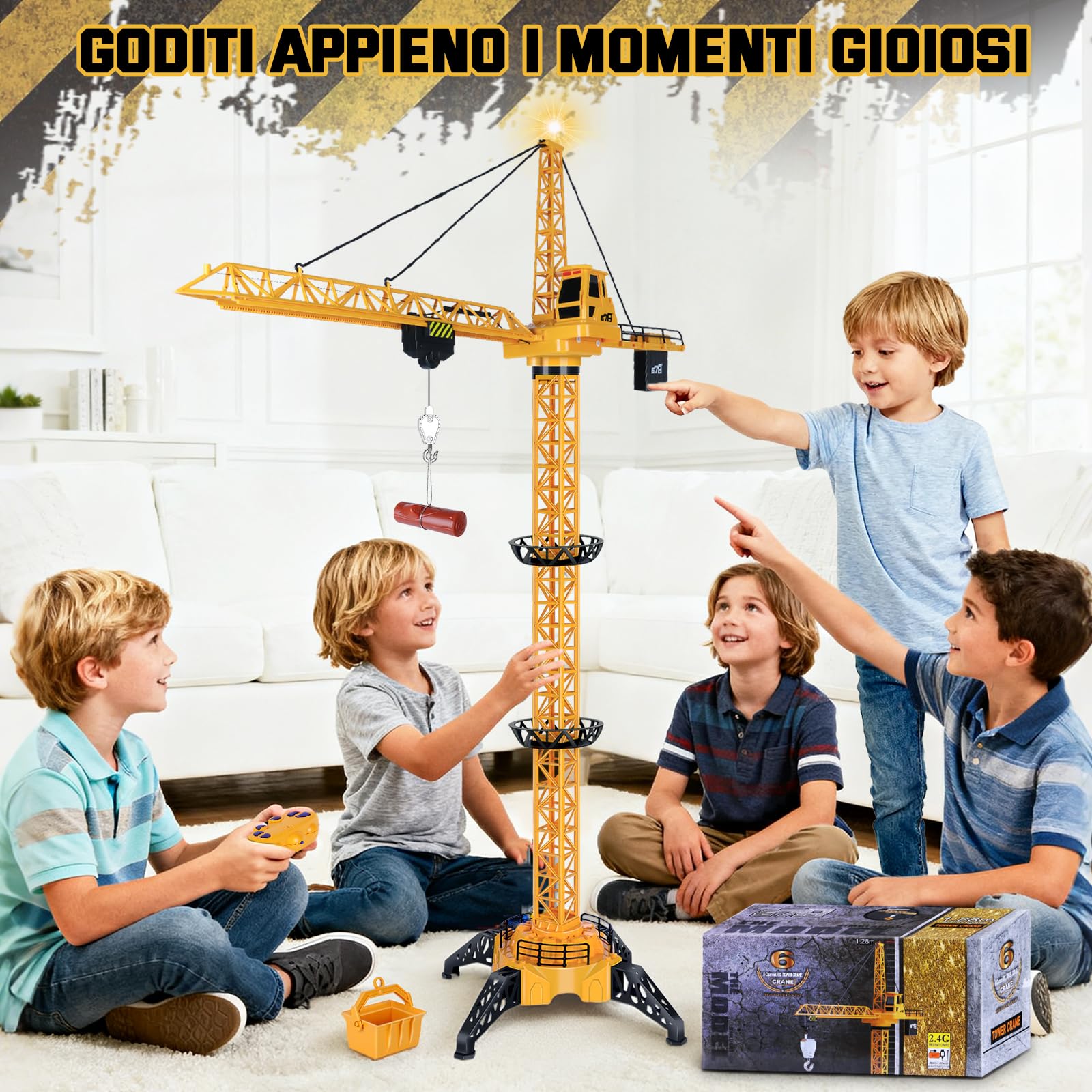 JONRRYIN Grúa Torre Teledirigida, 128 cm RC Grúas Torre de Construcción, Modelos Grúa 6 Canales, Control de Grúa Torre de Juguete con Luces y Sonidos para de 3 Años en Adelante