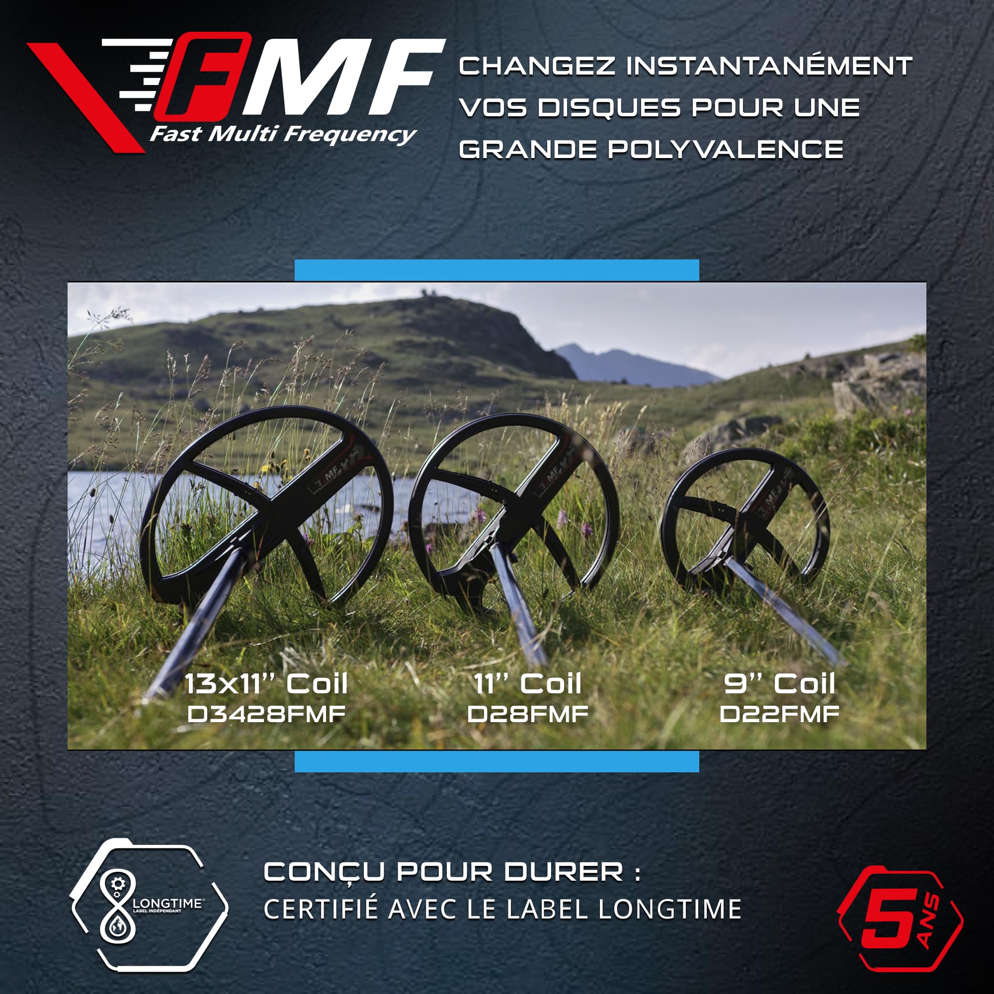 XP Metal Detectors Disque FMF 28cm avec protège Disque & Bas de Canne pour détecteur de métaux Deus II - Disque à Technologie multifréquences simultanées de 4 à 45kHz! (D28FMF)