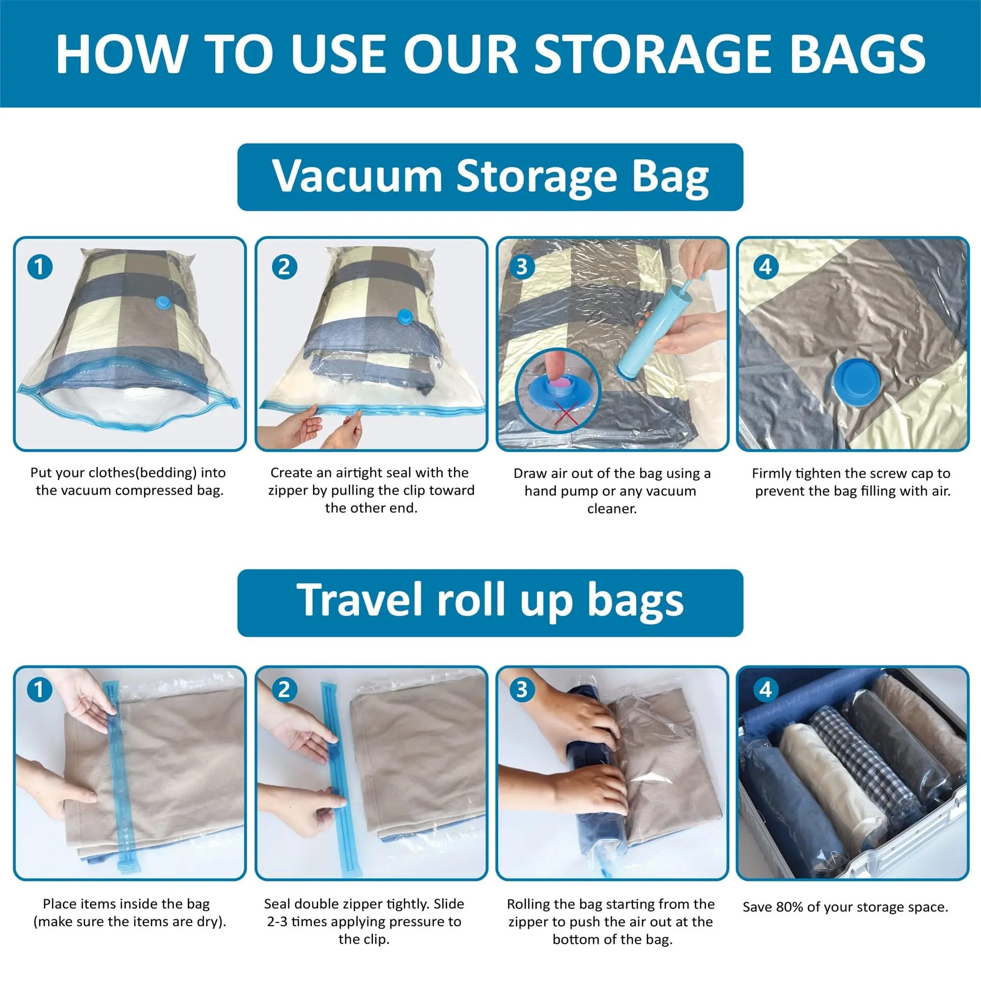 Bolsas de Compresión al Vacío Paquete de 20 bolsas almacenamiento al vacío | Compresión que ahorra espacio for edredones y mantas, bomba manual for ropa selladora incluida(5 Pack Roll Bag M)