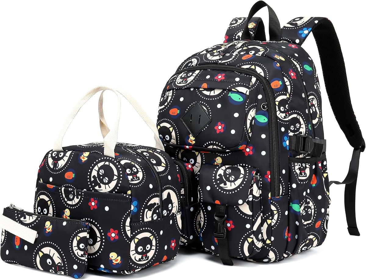 Mochilas escolares 3 en 1 para niños y niñas, juego de mochila para niños con lonchera y estuche para lápices, mochila para computadora portátil para mujeres, mochilas para escuela primaria y secundaria - Gato negro