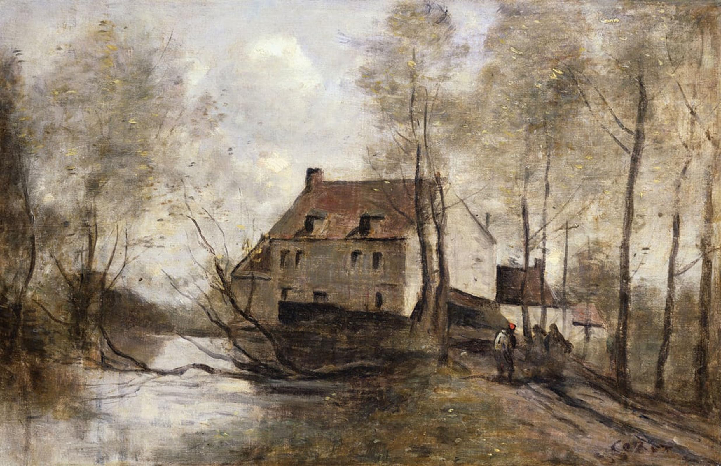 POSTERIIk Vintage Classic Picture Landscape Artwork Le Moulin Brule Planque near Douai by Jean Baptiste Camille Corot Portrait Canvas Painting for Office Home Decor 60x90cm