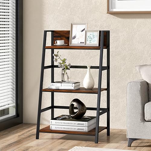 Miniatura 5 de Tangkula Estantería de escalera de 3 niveles, estantería de madera industrial con marco de metal, dispositivo antiderretimiento, estante de