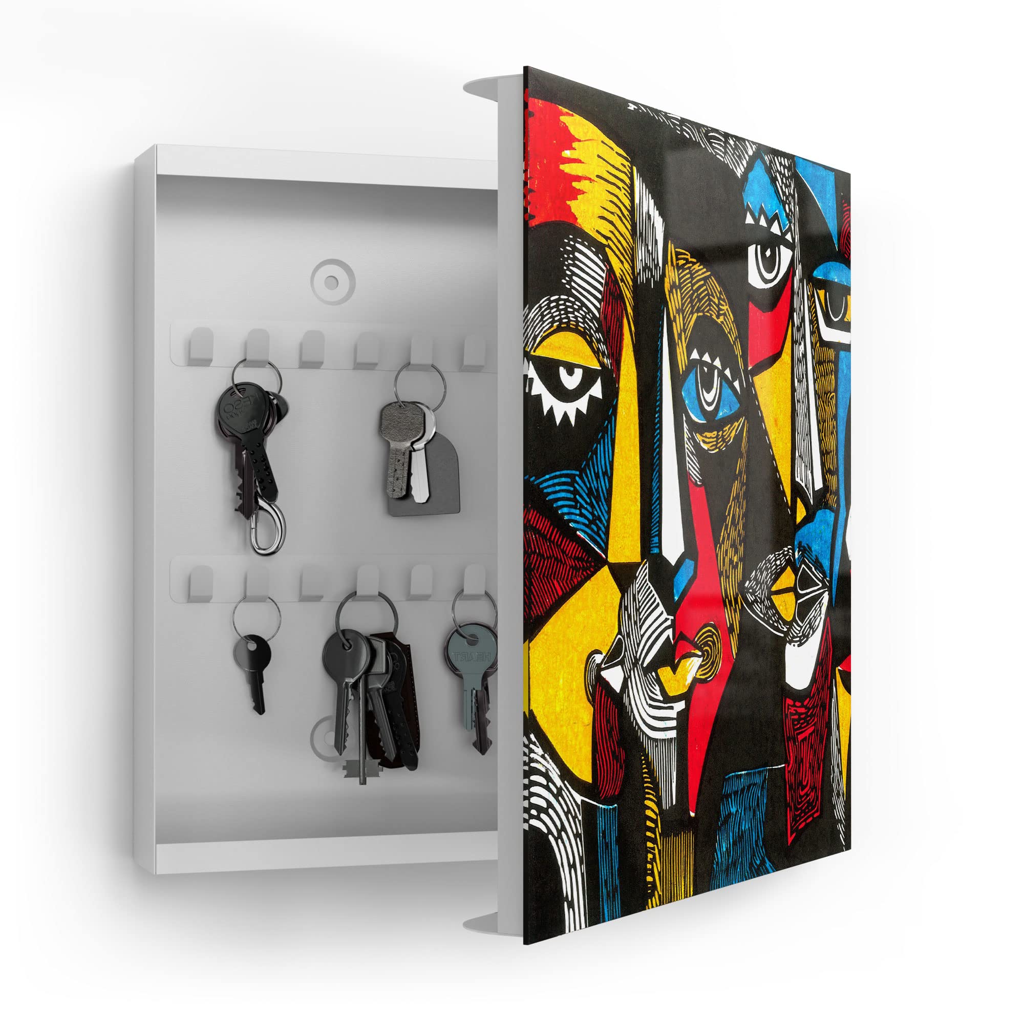 DEQORI Caja Para Llaves De Color Blanco, 30 X 30 Cm, Diseño De Caras De Linóleo