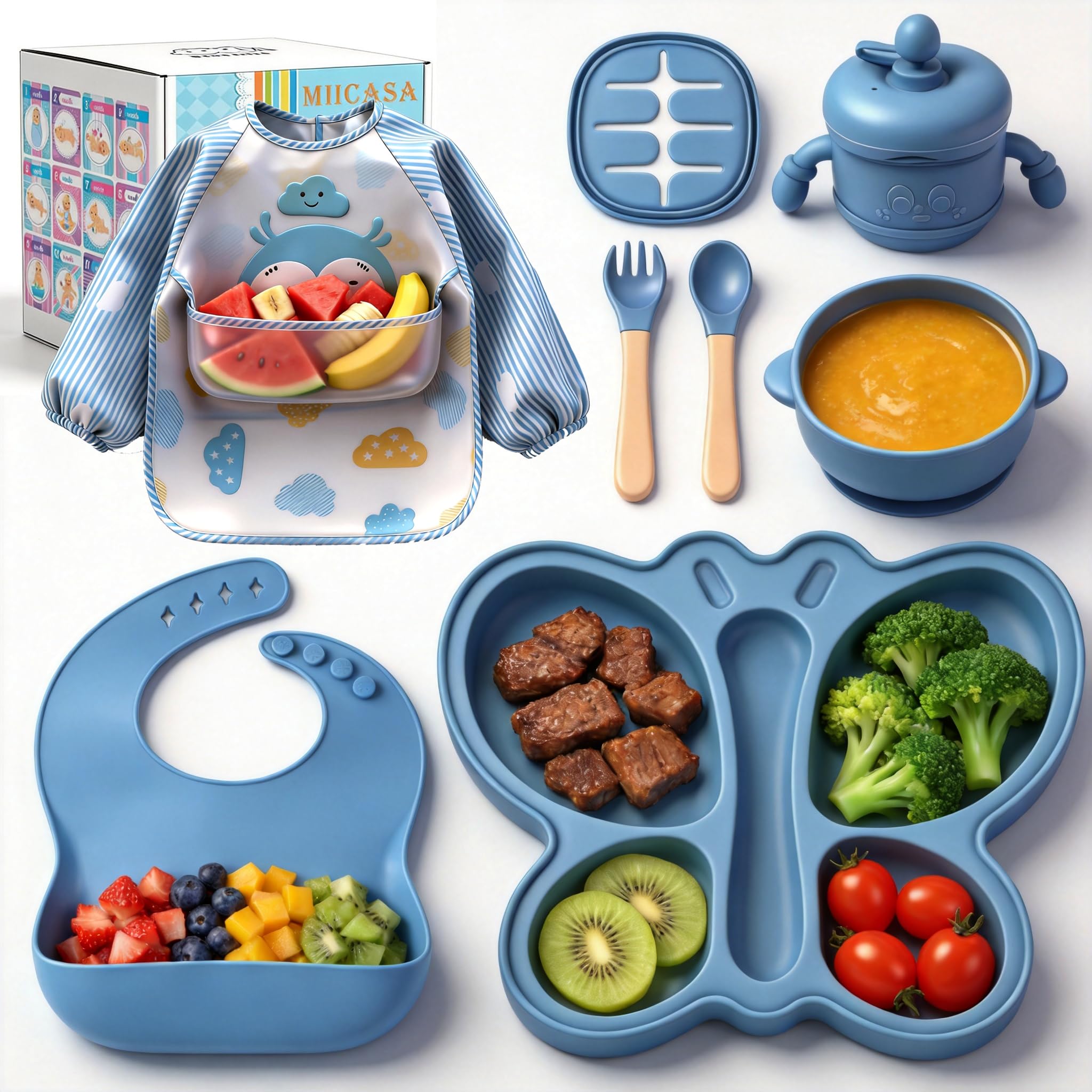 MIICASA Silicone Baby Feeding Set, Baby Led Weaning Supplies, Silicone Suction Butterfly Plate, Bowl, Spoons, Fork and Waterproof Bib & Cloth Bib,