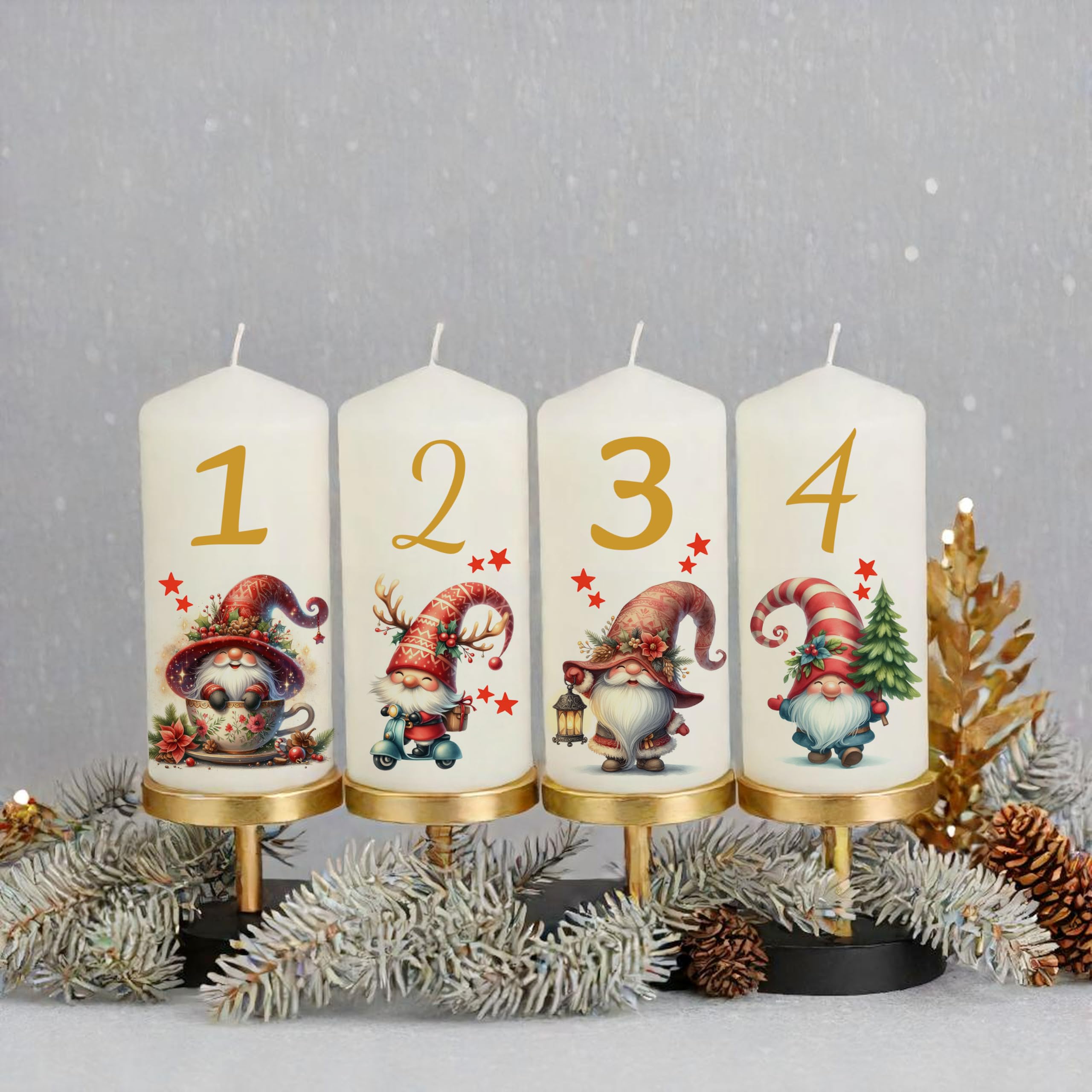 Candela dell'Avvento personalizzata con nome e scritta come decorazione da tavolo, decorazione da tavolo, candela dell'Avvento, regalo amorevole, 4 pezzi, gnomi, durata 35 ore, diametro 6,8 x altezza