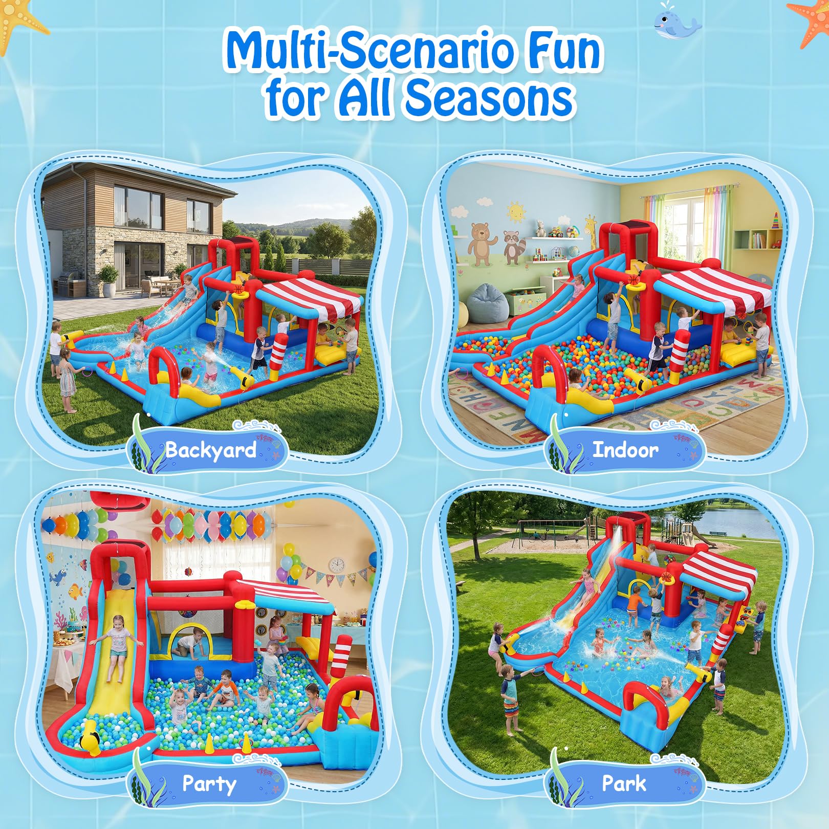 Tobogán acuático Inflable 15 en 1 Castillo Hinchable con tobogán Largo y Piscina Grande, Soporte para Aperitivos con toldo, Mini tobogán, Niebla y cañones de Agua para niños, jardín, Fiesta al Aire