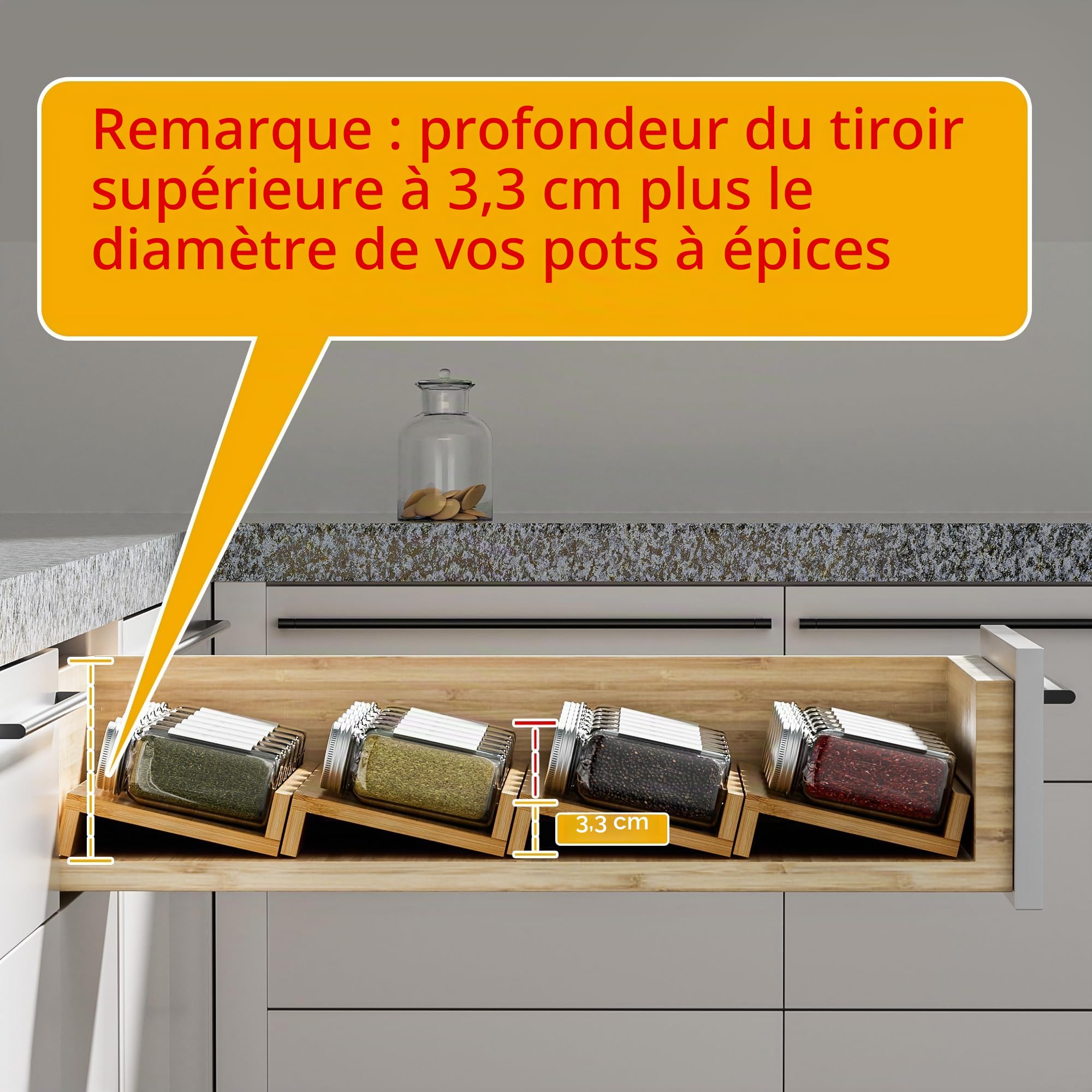 Lot de 4 organiseurs de tiroir à épices en bambou – 33 x 11,9 x 4,1 cm – Insert de tiroir pour pots à épices – Organiseur d'assaisonnement pour tiroirs/comptoir (bocaux non inclus)