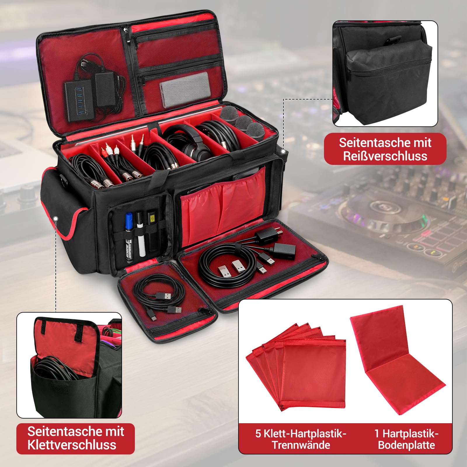 SUNDOY Organizador de equipos de audio, organizador de cables de DJ con 6 divisores ajustables, bolsa impermeable para micrófonos, cables, mesa de mezcla, portátil y accesorios de audio, Negro , L