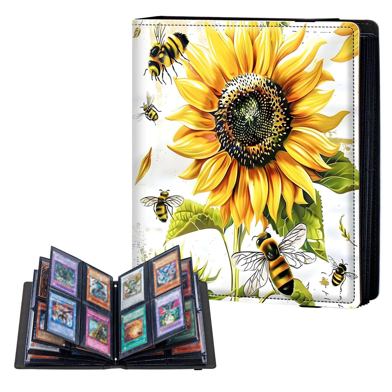 ETLKJVBL 4 Pocket Trading Card Binder, Card Collection Binder for TCG, MTG, Sports Cards, Baseball, Bee Sunflowers Trading Card Book Holder for Collectors, Top Loader Binder