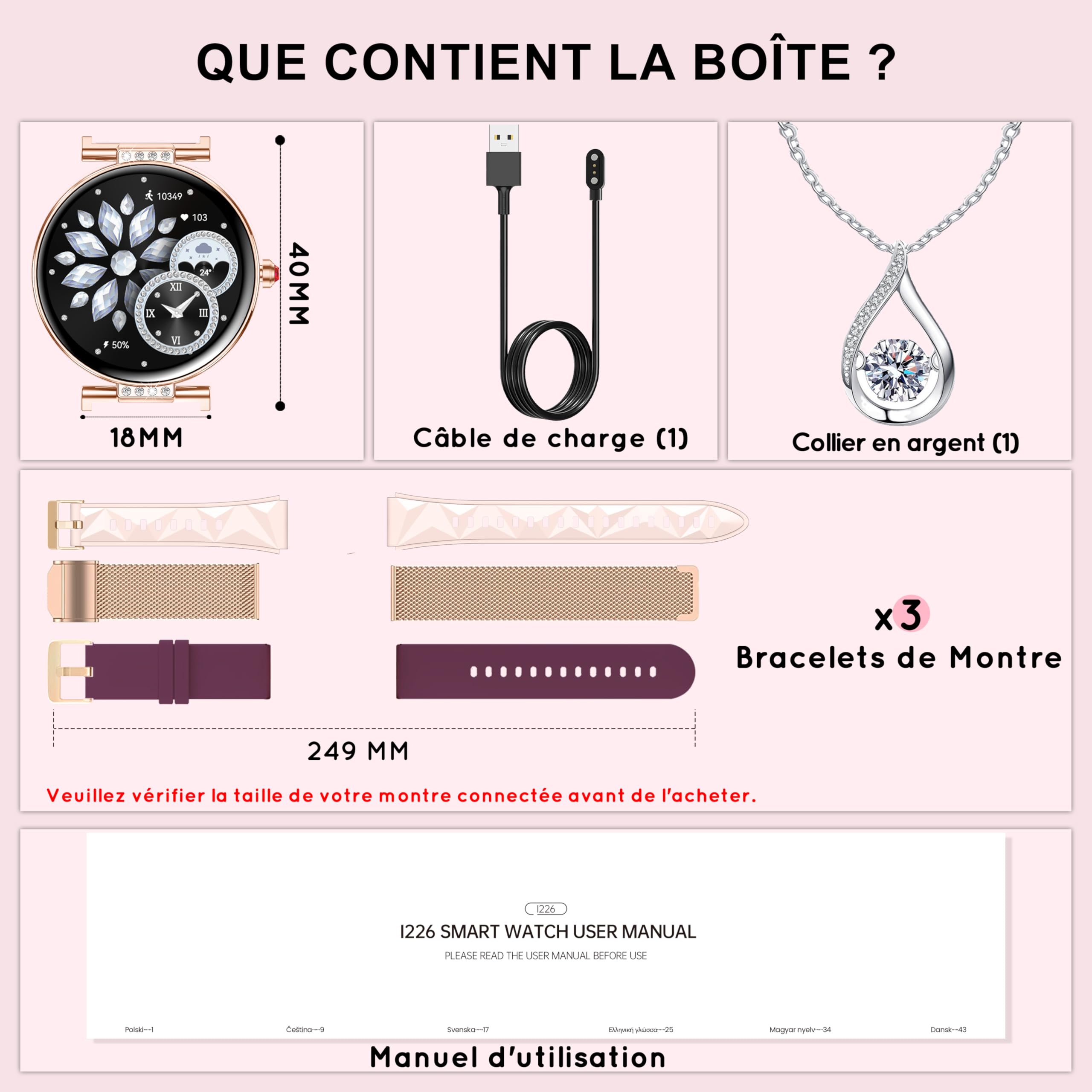 Montre Connectée Femme 1,19" AMOLED 3 Bracele Petit Poignet Appel Bluetooth | Smartwatch Fitness Podomètre ave Fréquence/SpO2/Sommeil Montre, 120+ Sport Modes Compatible Android iPhone, Or Rose