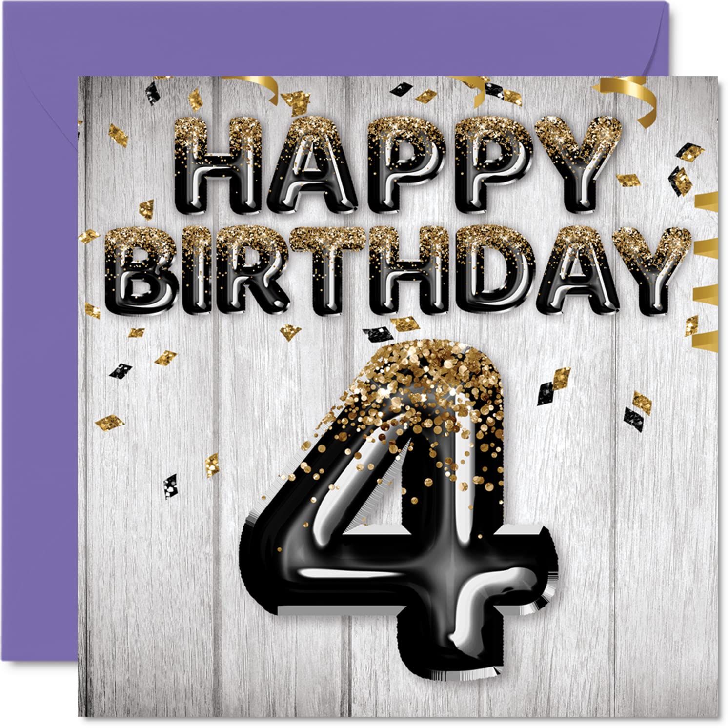 4th Birthday Card for Boys - Black & Gold Glitter Balloons - Happy Birthday Cards for 4 Year Old Boy Son Brother Grandson Cousin, 145mm Bday Greeting Cards Gift