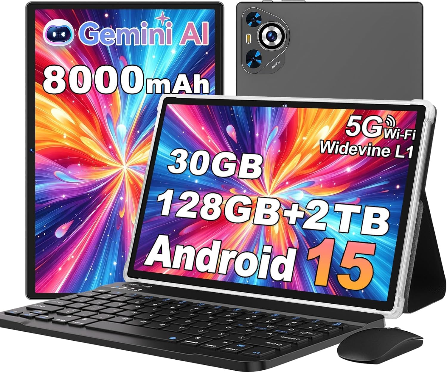 Android 15 Tablet, 30GB RAM + 128GB ROM 2TB TF, 2026 Tablet with Keyboard and Mouse, 10.1 inch Touchscreen, 8000mAh Battery, Incell Display, 2.0GHz, Gemini AI, 5G WiFi, BT 5.0, GPS- Metal Grey