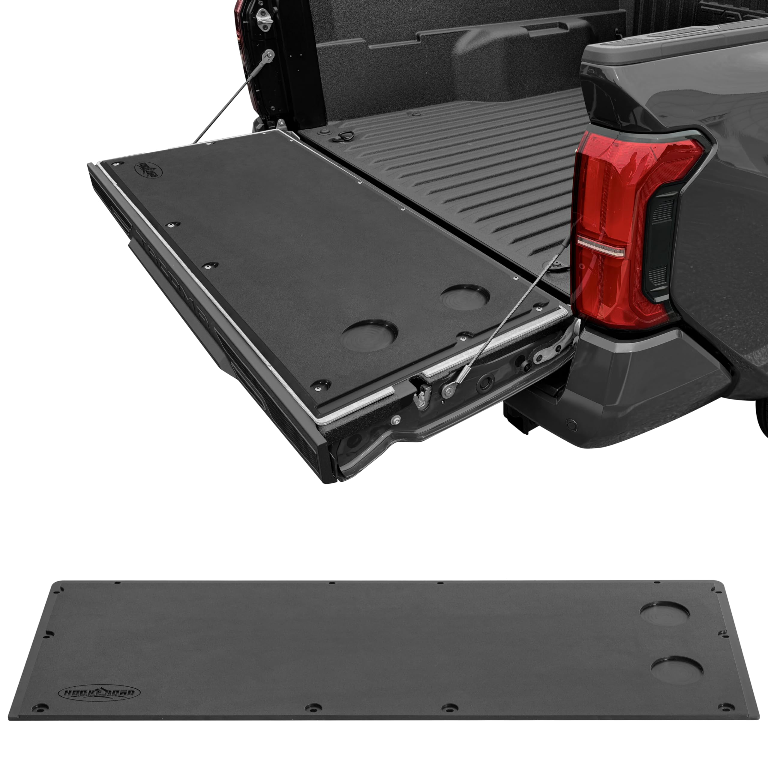 Hooke Road 24-26 Tacoma Flat Tailgate Cover Panel Plate with 2 Cup Holders for 2024 2025 2026 Toyota Tacoma 4th Gen, Work as Camping Table Desk - Black Plastic Board