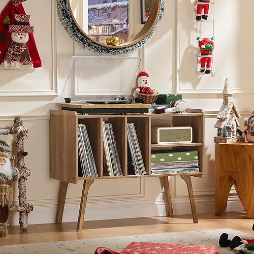 Miniatura 2 de Lerliuo Soporte para tocadiscos con 4 gabinetes con capacidad para hasta 220 álbumes, soporte giratorio grande con patas de madera de haya, mesa de