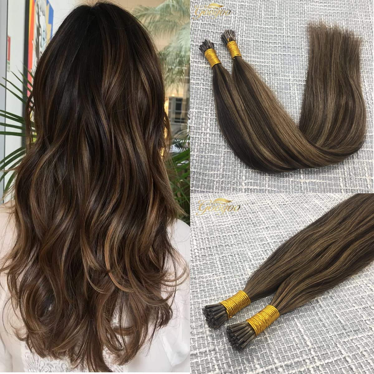 Googoo Remy Straight I Tip Cold Fusion Ombre Human Hair Extensions 1g/s 50 strands Dark Brown mixed Chesnut Brown Highlight Hair Extensions 18inch