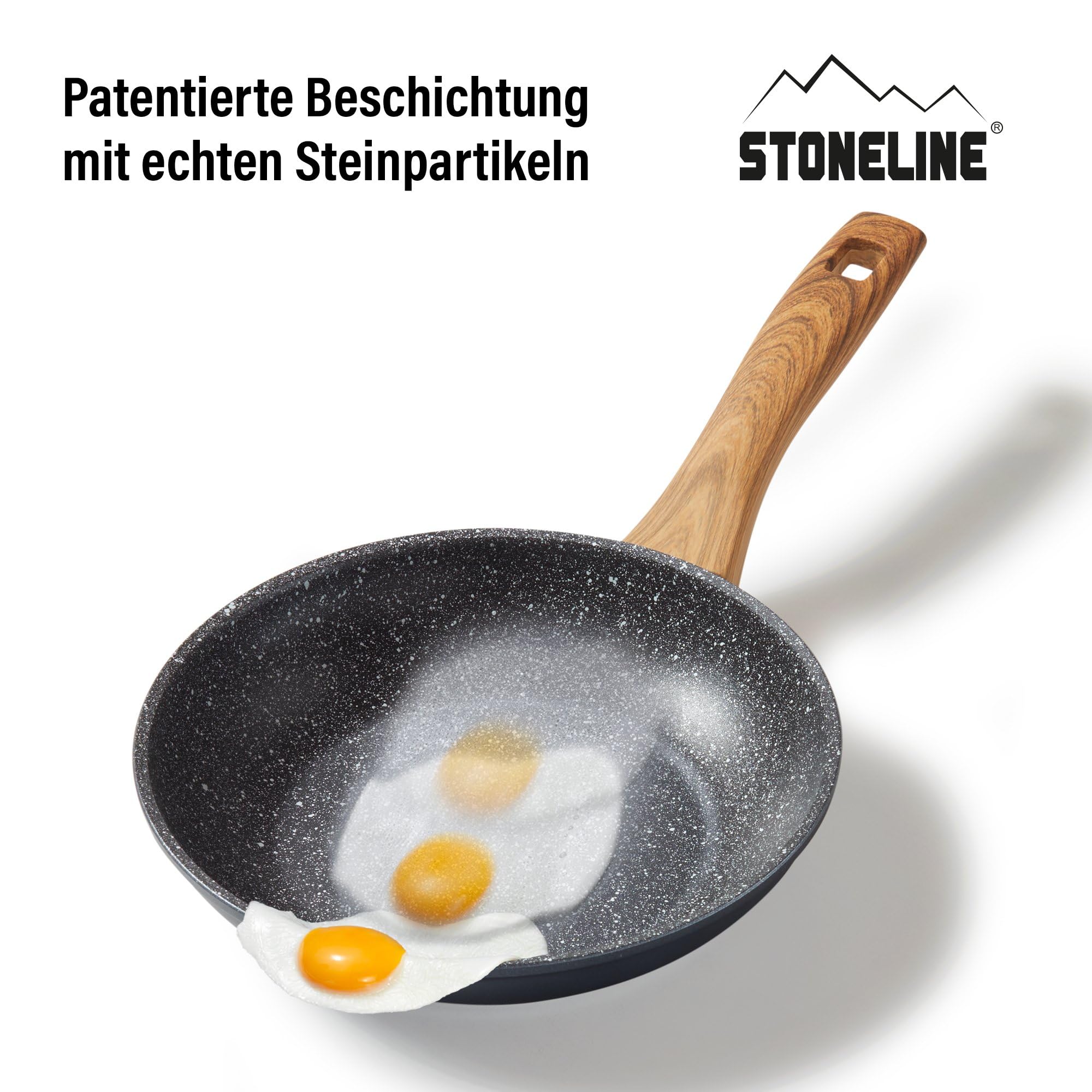 STONELINE BACK TO NATURE Sartén Antiadherente 20 cm Efecto Madera Sartén Inducción MADE IN GERMANY Revestimiento Antiadherente con Partículas de Piedra Reales, Todo Tipo de Cocinas, Cocinar Sin Grasa