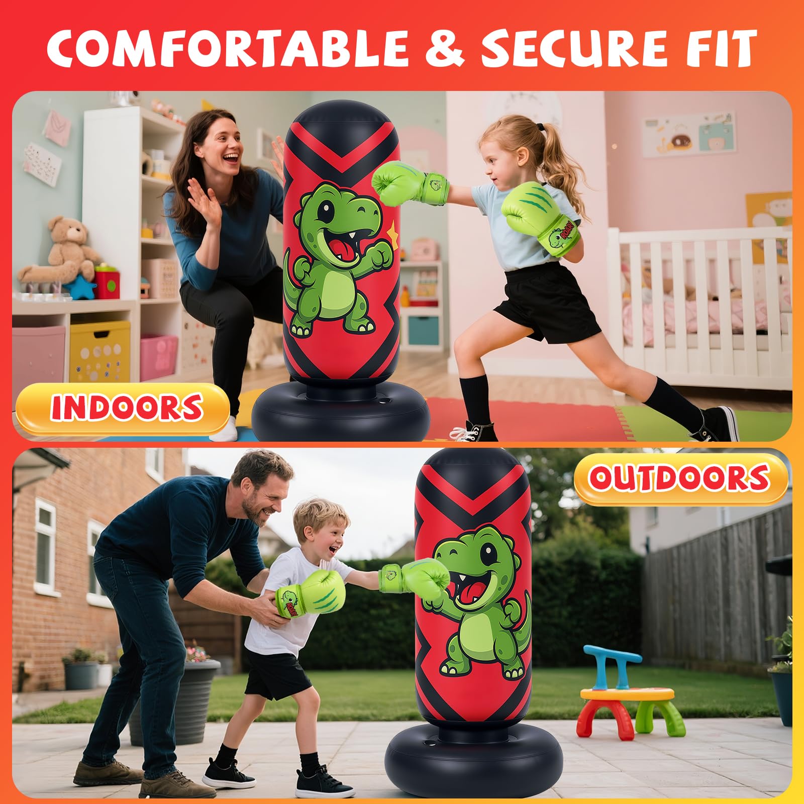 Ninonly Sacco da Boxe per Bambini Gonfiabile 130cm, Sacco da Boxe in Piedi per Bambini 3-8 Anni con Guantoni da Boxe & Pompa per Aria, Allenamento Karate Taekwondo MMA, Design Dinocool