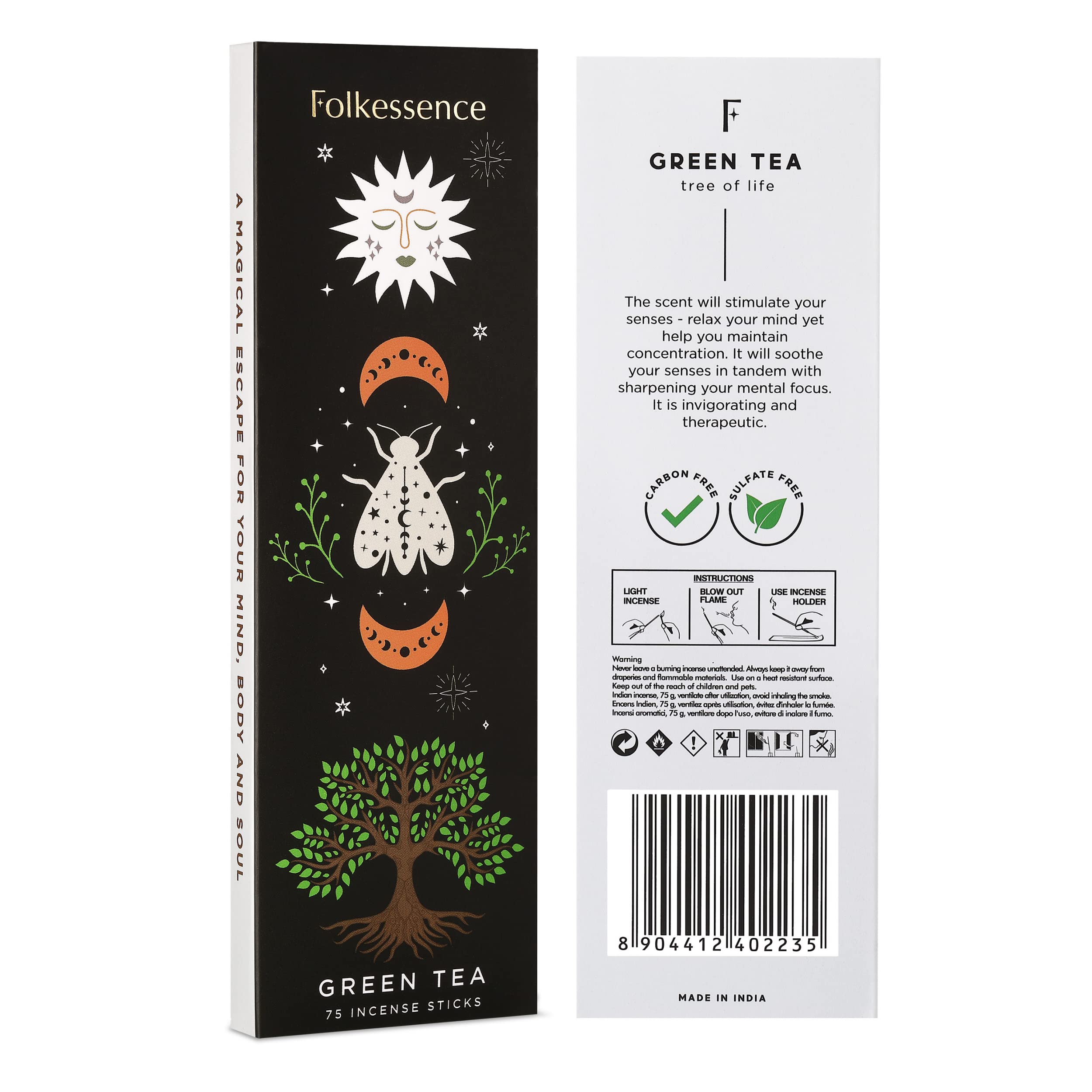 FolkultureGreen Tea Incense Sticks - Set of 75 Insenses for Good Vibes - Aromatic Sticks - Natural and Non - Toxic, Organic and Slow Burning Inscent Set for Purification (Green Tea)