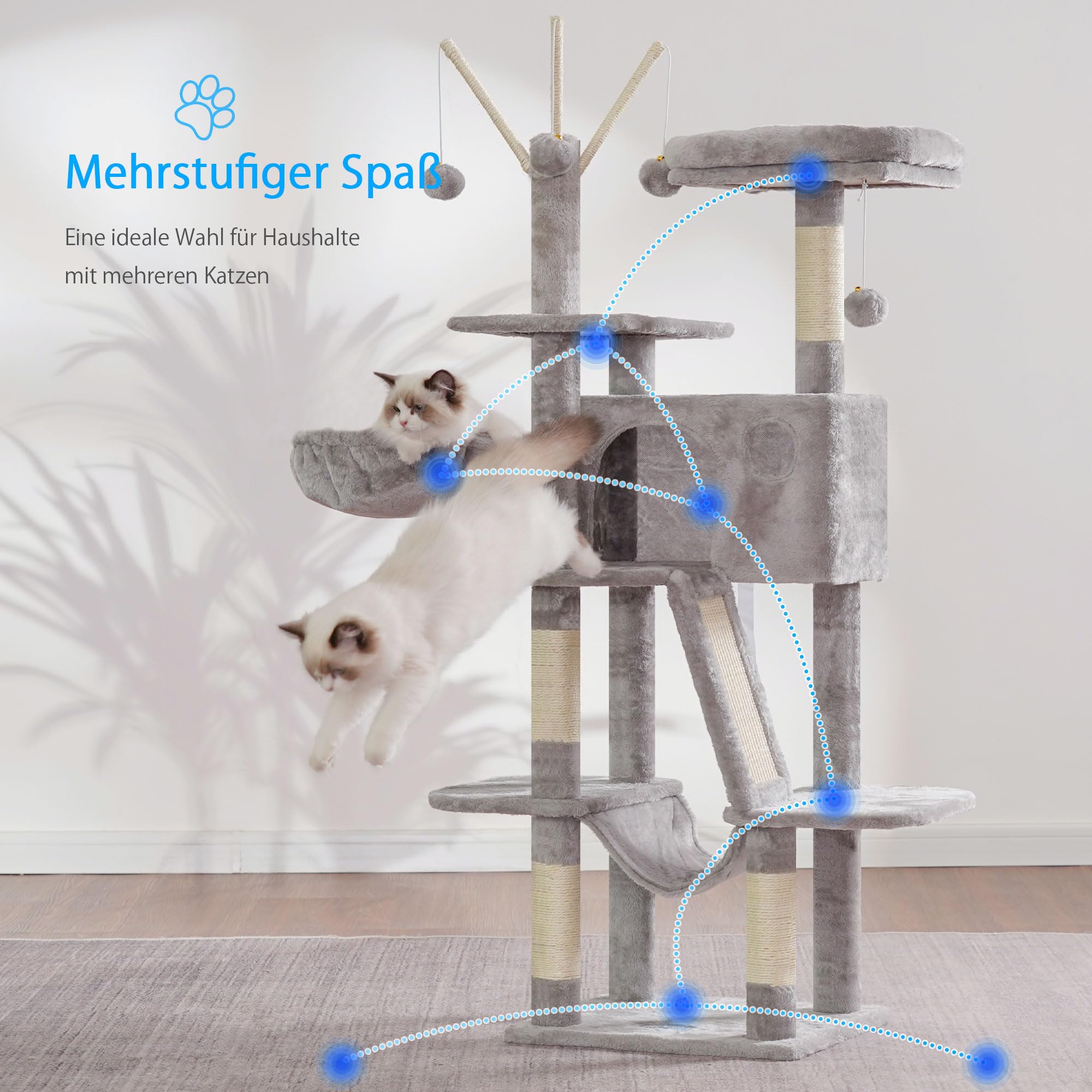 Hey-Brother Kratzbaum, 135 cm Indoor Katzenbaum, Mit gepolsterter Plattform Bett, Spielzeug Ball, Höhlen, Hängematte und Sisal Kratzbaum Katzenhaus, Hellgrau MPJ019-SW