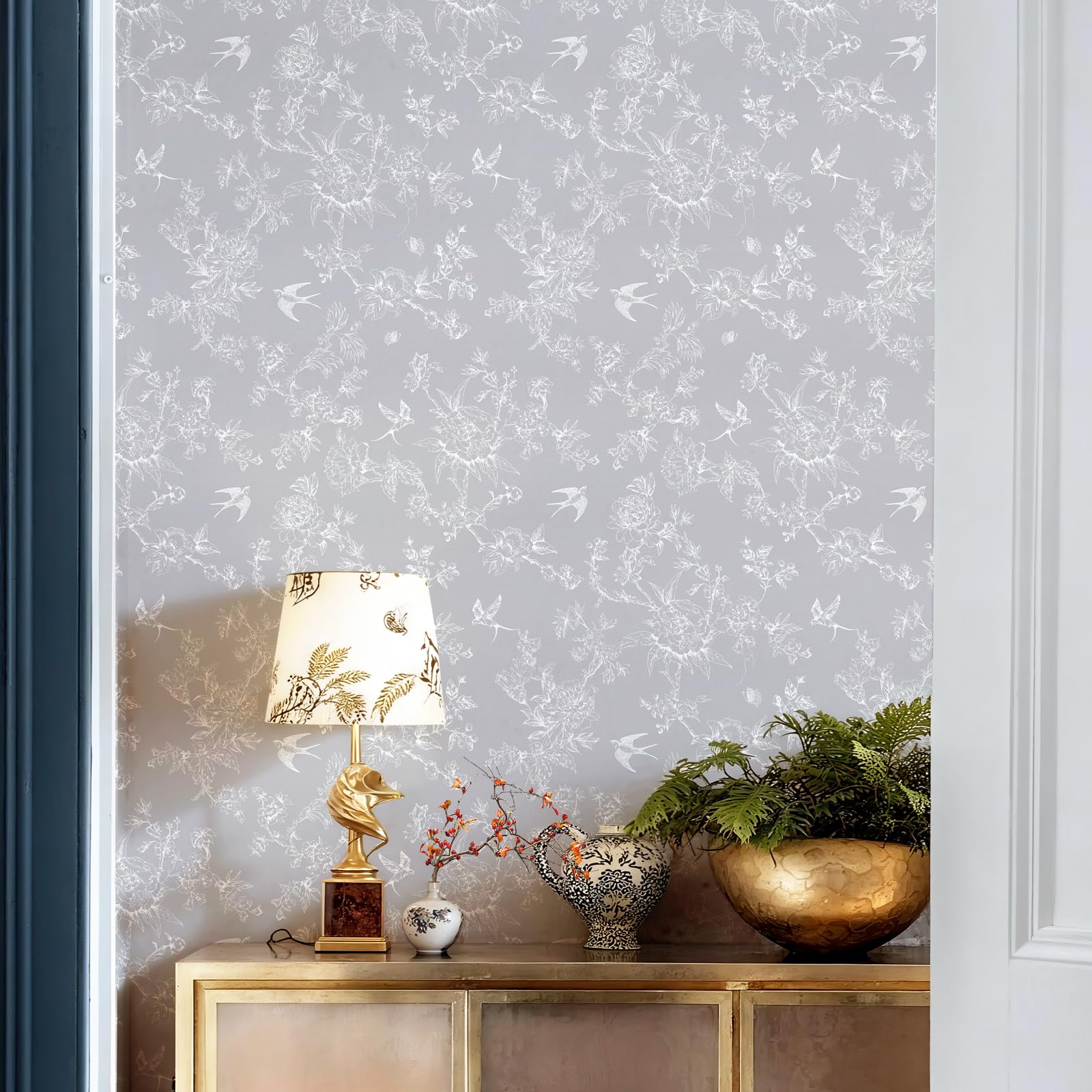 HueBurst Peel and Stick Wallpaper 17.3"x400" White and Gray Birds Floral Wallpaper Vintage Wall Paper Removable Boho Self Adhesive Contact Paper for Bedroom Bathroom Vinyl