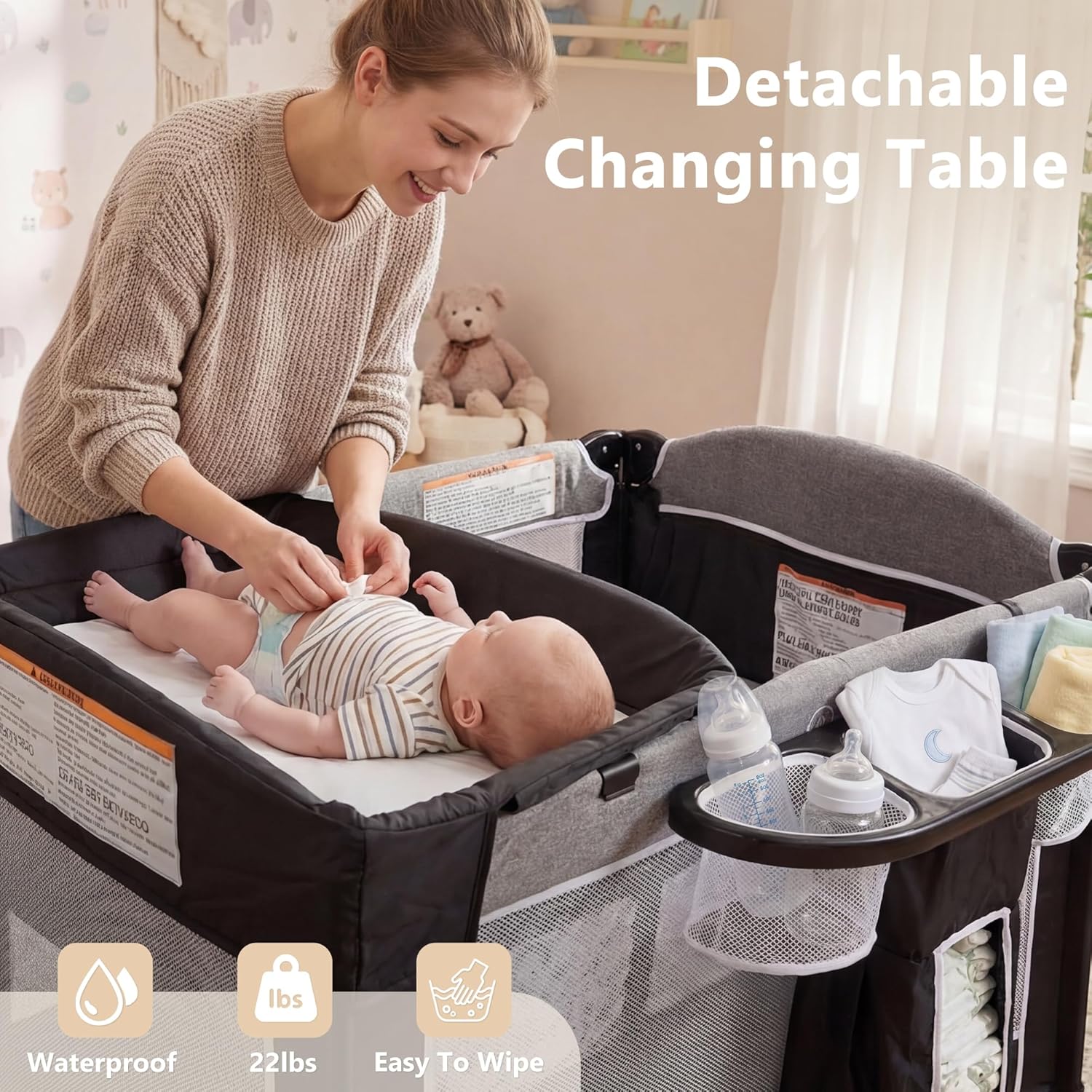 Kinder King 4 in 1 Portable Baby Playard, Foldable Baby Bedside Crib w/Bassinet, Infant Pack and Play Playard Toddler Large Playpen, Newborn Changing Table, Storage Basket, Dark Grey