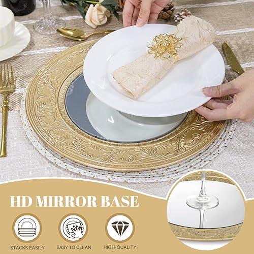 Miniatura 10 de MAONAME Juego de 6 platos de carga dorados de 12 pulgadas, cargadores de espejo para platos llanos, cargadores de platos de plástico con bordes en