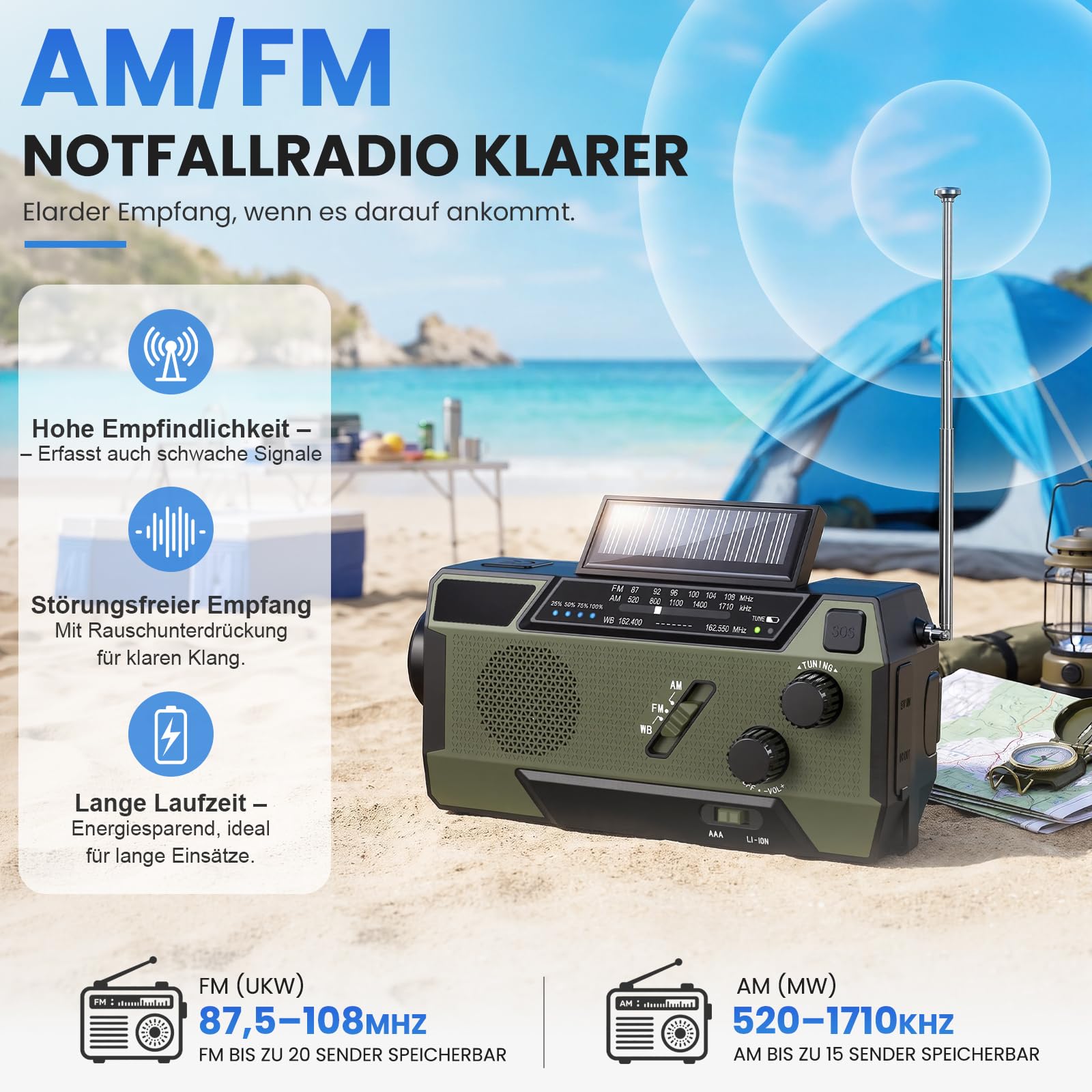 Kurbelradio Notfallradio 4000mAh (14800 mWh) Akku, Powerbank mit 3 integrierten Kabeln, Radio mit Kurbel und Solar, AM/FM SOS Alarm Taschenlampe Notfall Kurbel Radio für Camping Outdoor Stromausfall