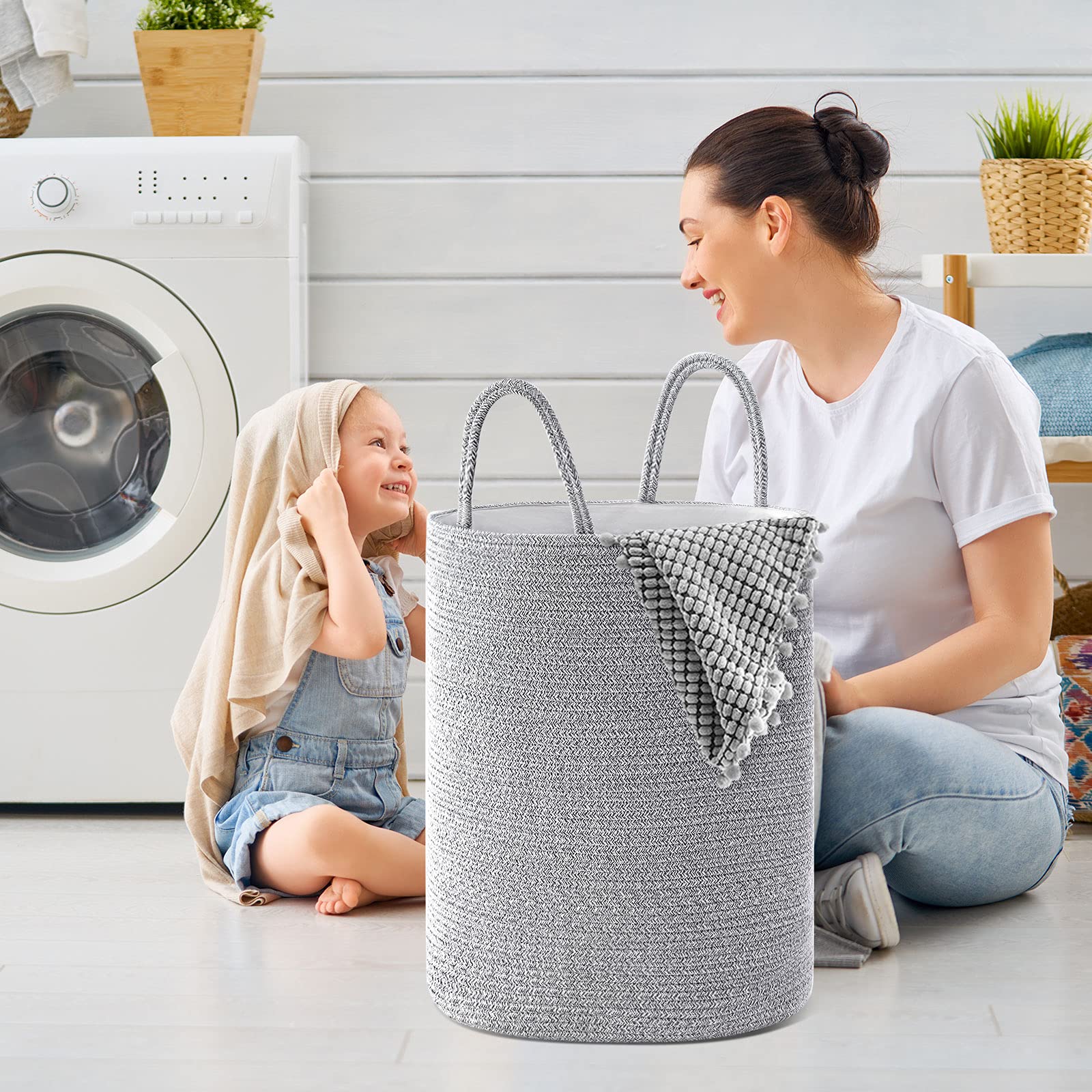 YOUDENOVA Gewebter Wäschekorb, 58 l, 65 cm hoch, Baumwollseil, Aufbewahrungskorb mit Griffen für Kleidung, Decken und Spielzeug im Wohnzimmer, gemischtes Grau