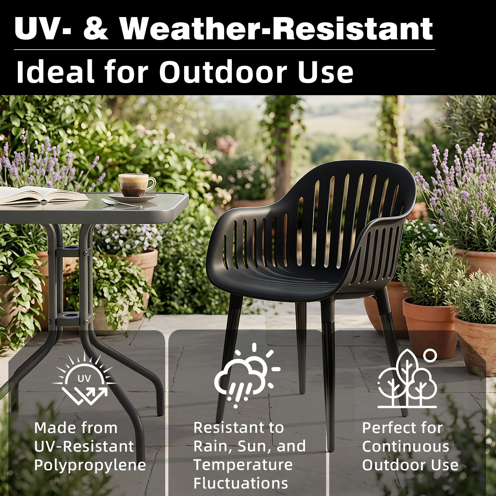 Gartenstuhl 8er Set, Outdoor Stühle Wetterfest mit Armlehne, Gartenstühle UV-beständig bis 120 kg, Terrassenstuhl Terrasse Balkon Outdoor Garten, Schwarz