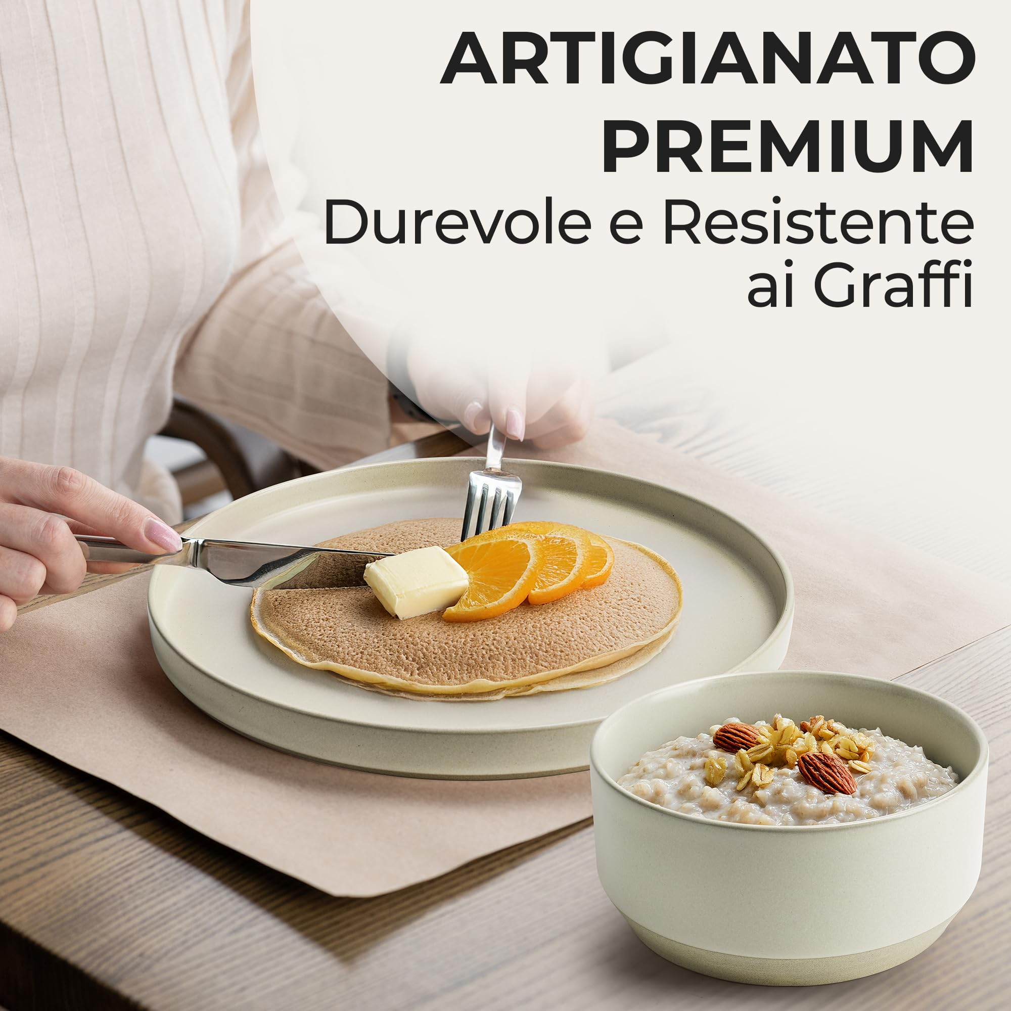 MIAMIO - Set di stoviglie per 4 persone/Set di stoviglie in pietra da 12 pezzi in beige/Lavastoviglie e microonde - Collezione Sierra (chiaro, (12x))