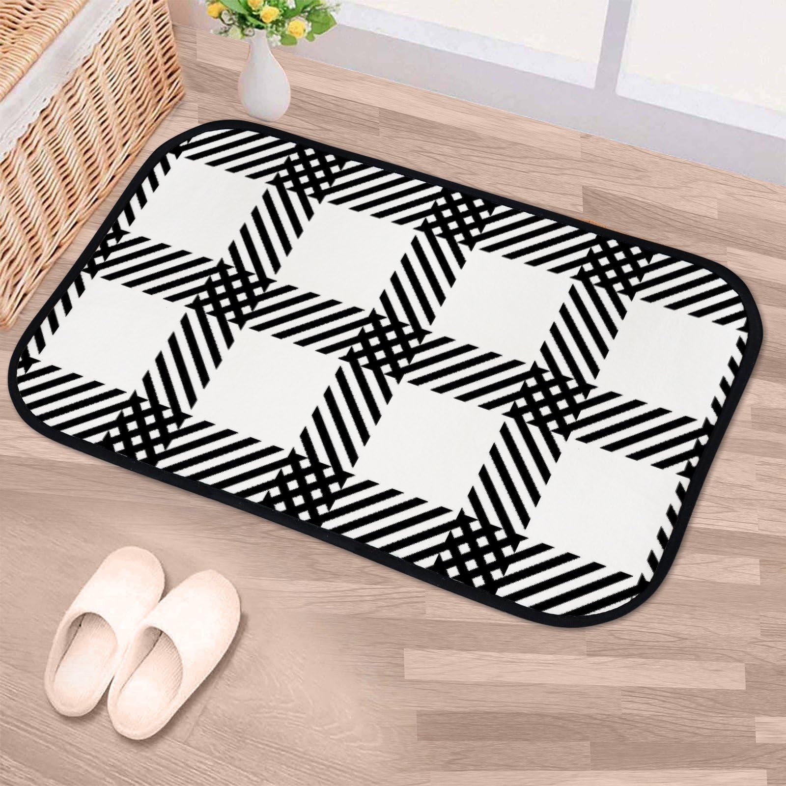 Nuansexi Bathroom Rugs Black White Tartan Plaid Scottish Pattern Floor Mats Non Slip Bathmat Doormat Tub Mat Coral Velvet Absorbent Entrance Carpet Mats Machine Washable Bedroom Decor