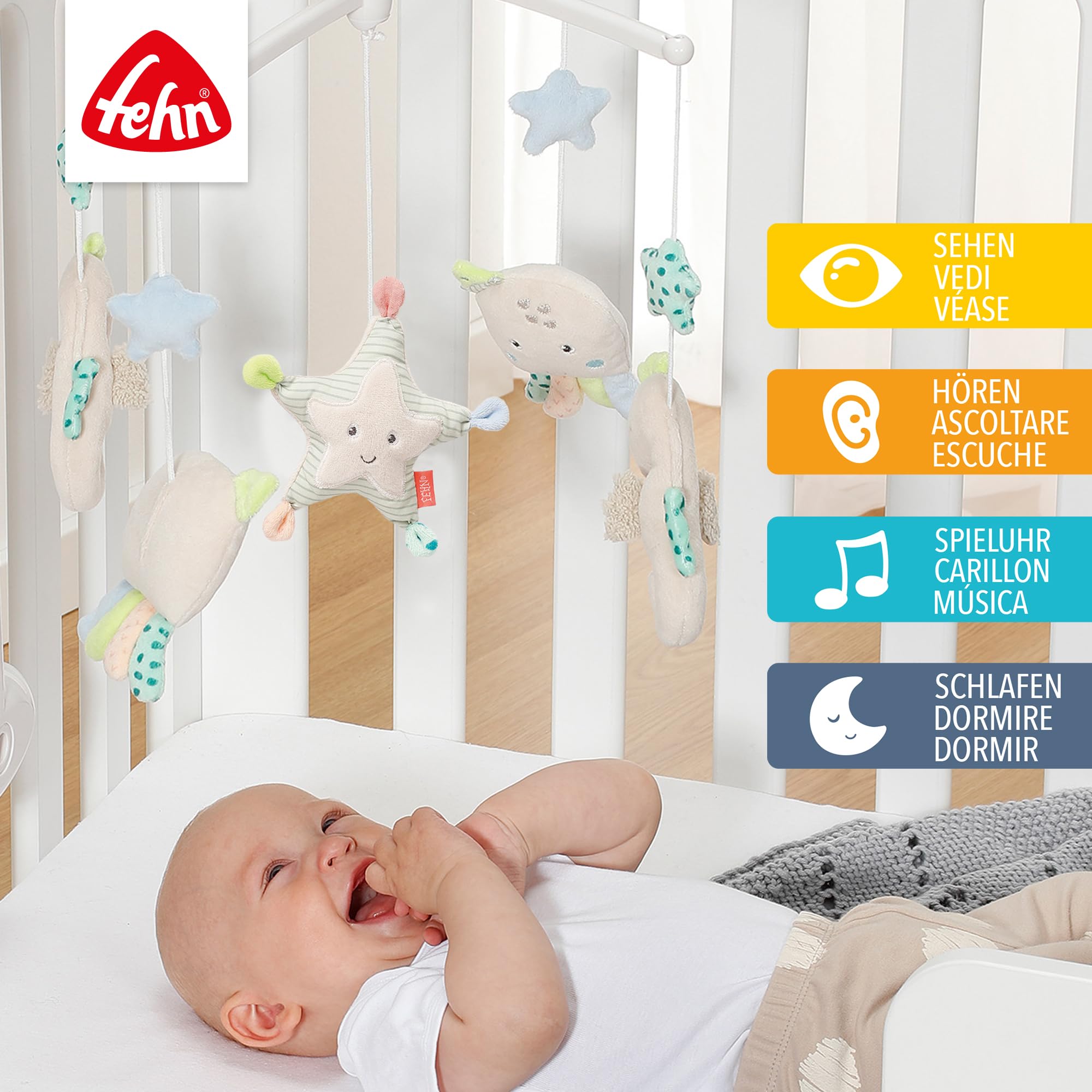 Fehn Música móvil Meereskinder - Mobile a carica con melodia Duerme niño pequeño duerme y figuras para tranquilizar y entretener - con fijación a la cama para bebés de 0 a 5 meses