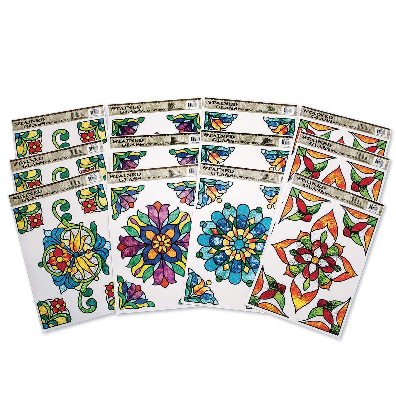 S&S Worldwide Repositionable and Reusable Stained Glass Window Clings- Add Beauty to Any Window or Room with 11-3/4" x 7-7/8a Adhesive-Free, Static Cling Decorations, 4 Colorful Designs. Pack of 12.