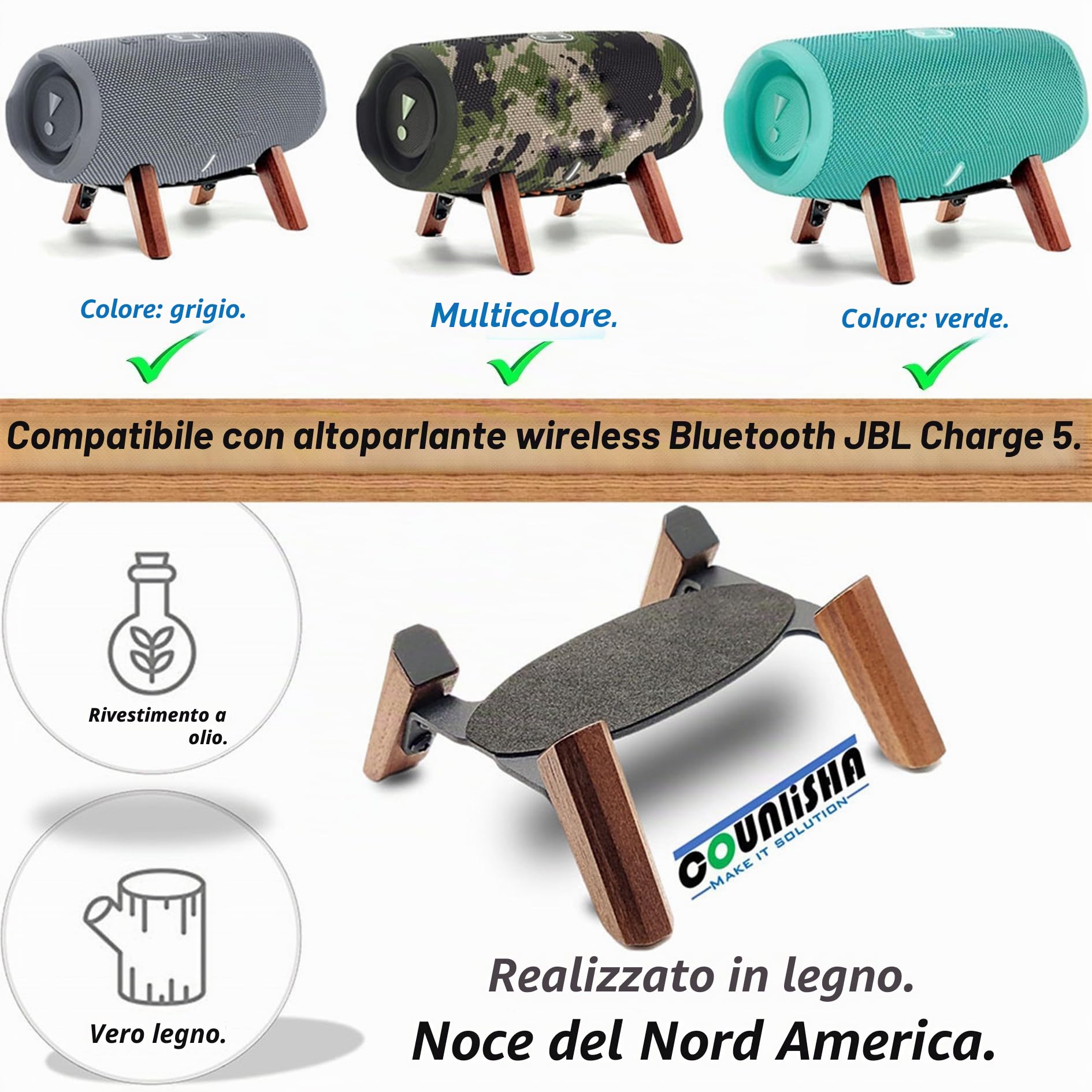 Supporto in vero legno compatibile con JBL Charge 5 6 altoparlante portatile, stabile in legno robusto utilizzato per Charge 4 3 Flip 6 5 4 (noce)