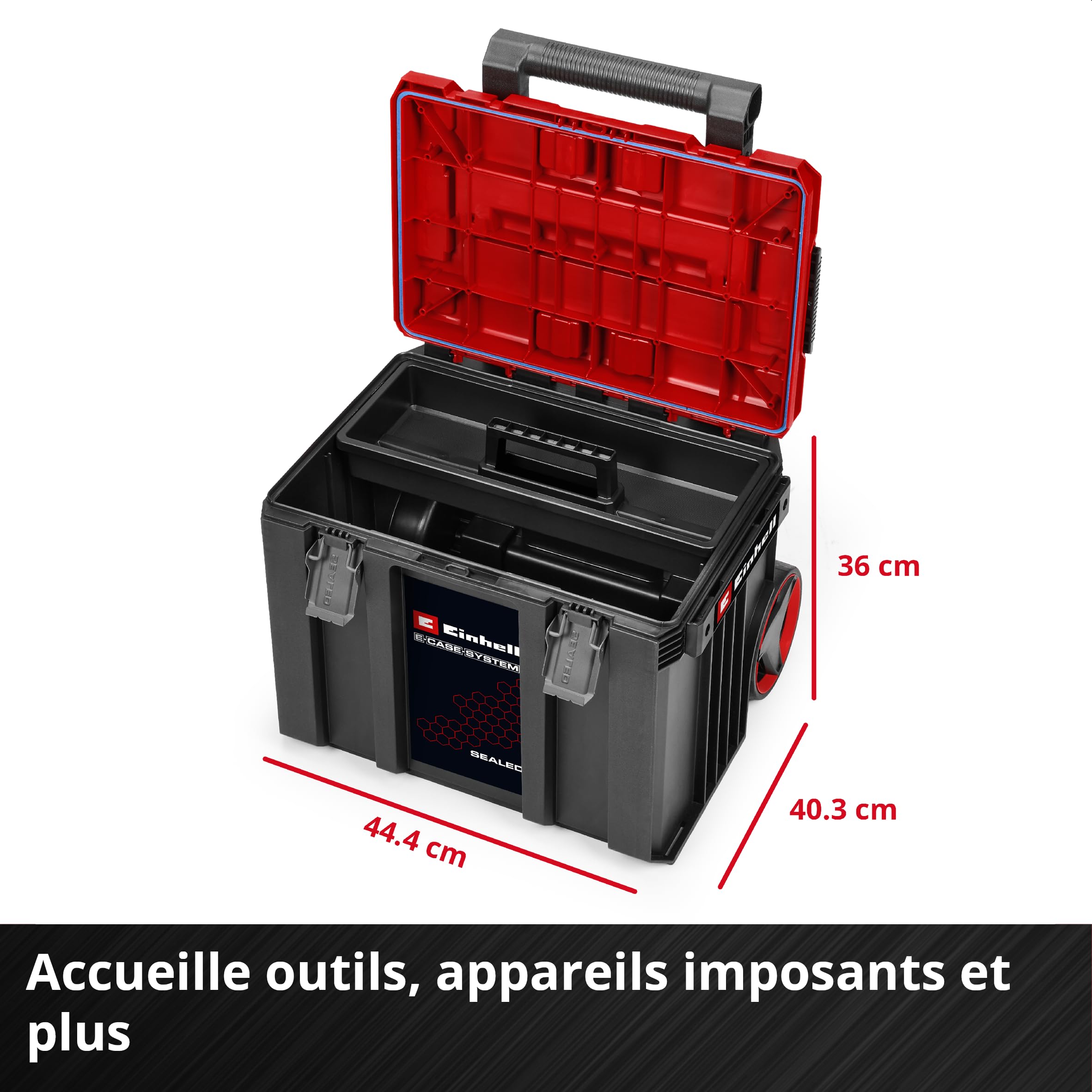 Original Einhell E-Case Rolling Workshop SEALED (servante d’atelier composée de 3 mallettes, max. 120 kg, étanche à la poussière + projections d’eau, 44 x 40 x 70 cm, avec rails latéraux)