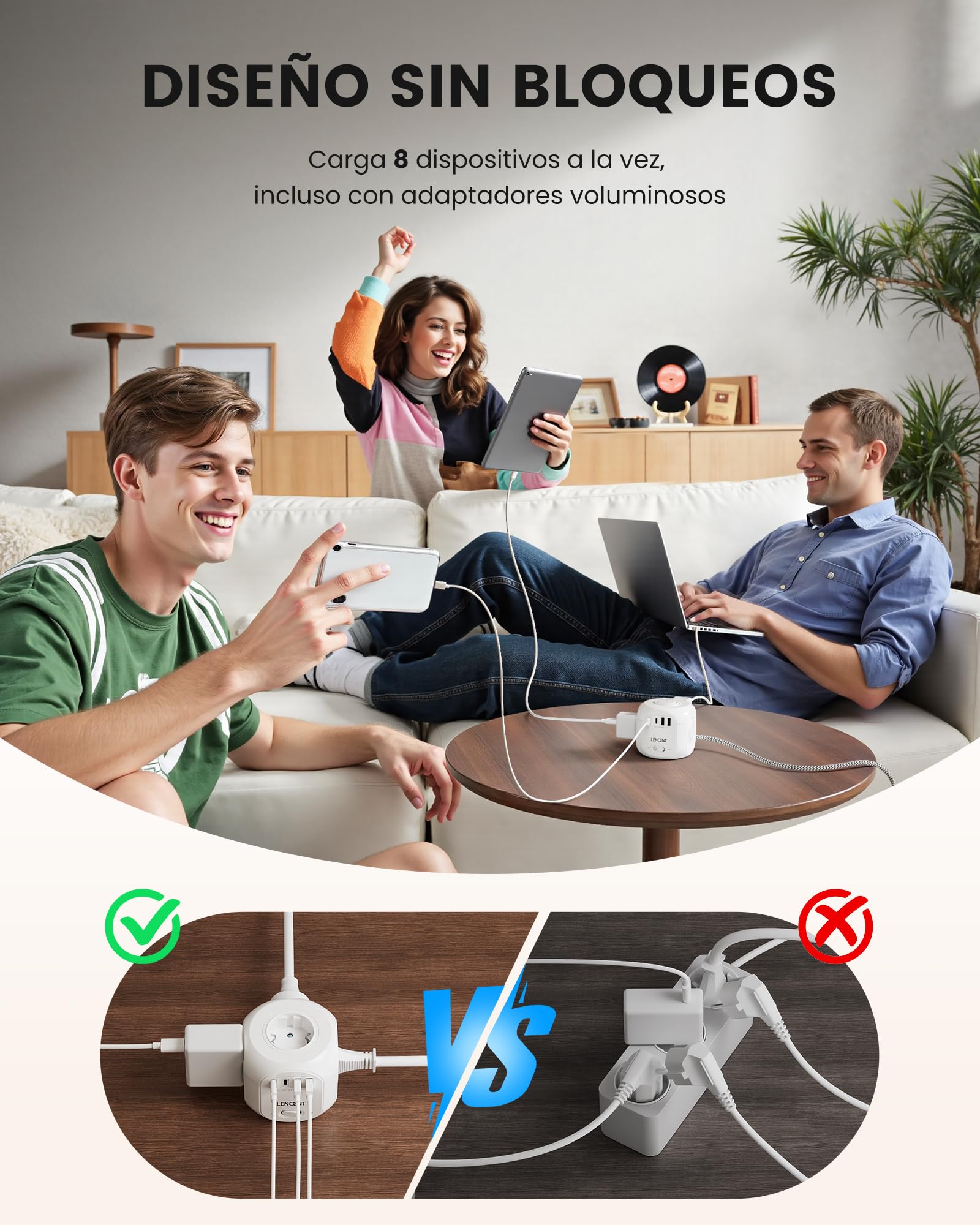 LENCENT Cubo Regleta Enchufes 2M con Enchufe Plano Regleta para Uso Interior, Regleta Enchufes Plano con 4 Tomas de CA, 3 USB, 1 Tipo C y 2 Cubiertas Protectoras para Familia, Cocina y Oficina