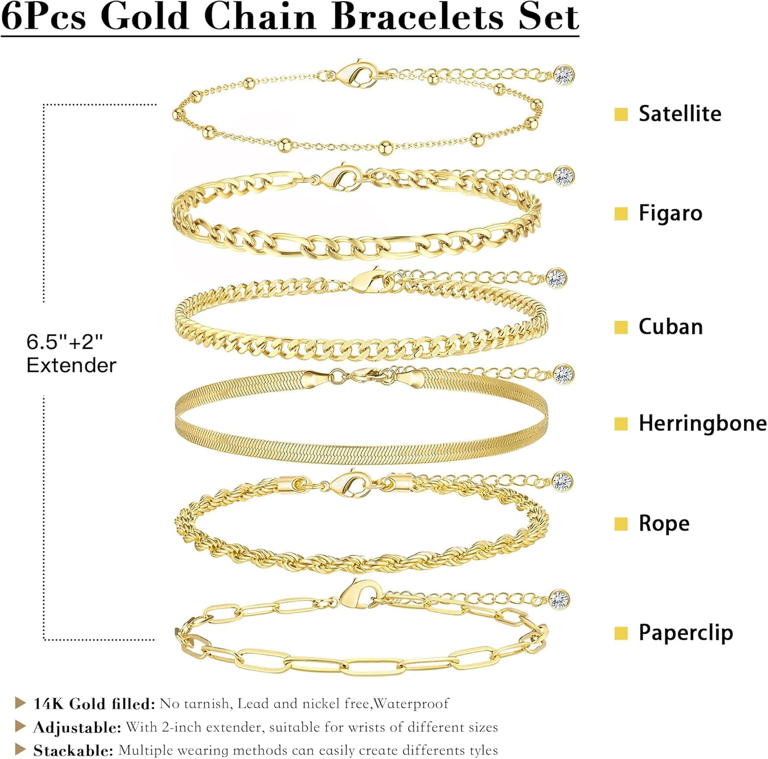 Gold Chunky Stack Bracelets for Women Non Tarnish, 14K Gold Plated Bracelets Set for Women Stackable, Waterproof Layered Trendy Dainty Cuff Cuban Link Chain Paperclip Bracelet Pack for Jewelry Gifts - Image 4