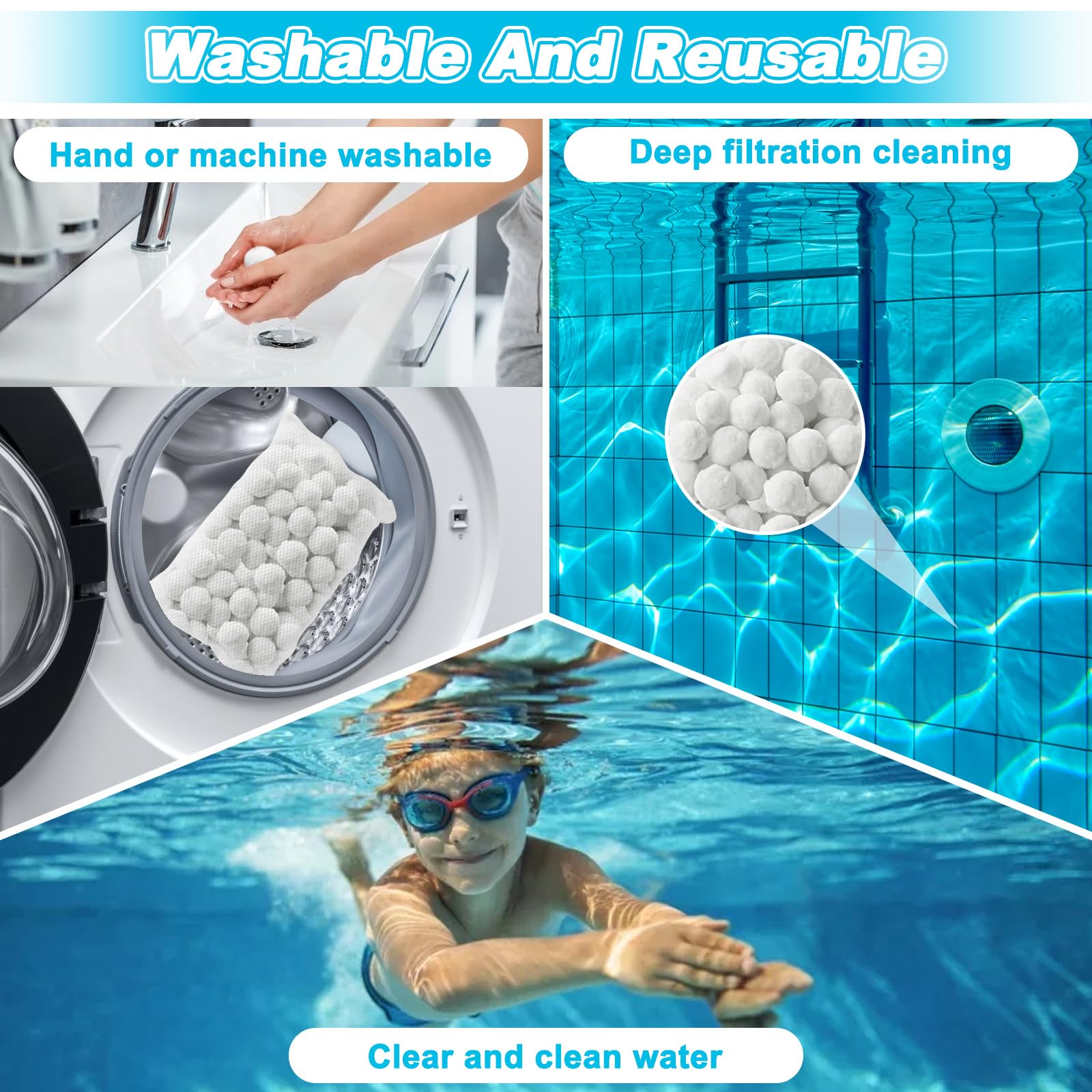 1300g Bolas Filtros Piscina con Red Lavandería, Bola Depuradora Reutilizables para Sistemas Filtración Arena, Bolas Filtrantes Puede Reemplazar Filtro Arena 45 kg para Acuarios (Blanco)