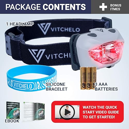 Miniatura 2 de Linterna de cabeza Vitchelo V800 con luces LED blancas y rojas, faro delantero con brillo de 168 lúmenes e impermeabilidad IPX6, 3 baterías Duracell